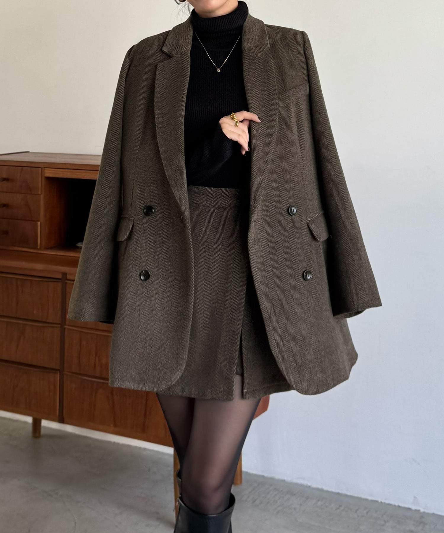 ジュノア JUNOAH ジャケット+スリットミニスカートset （ダークブラウン） ダークブラウン