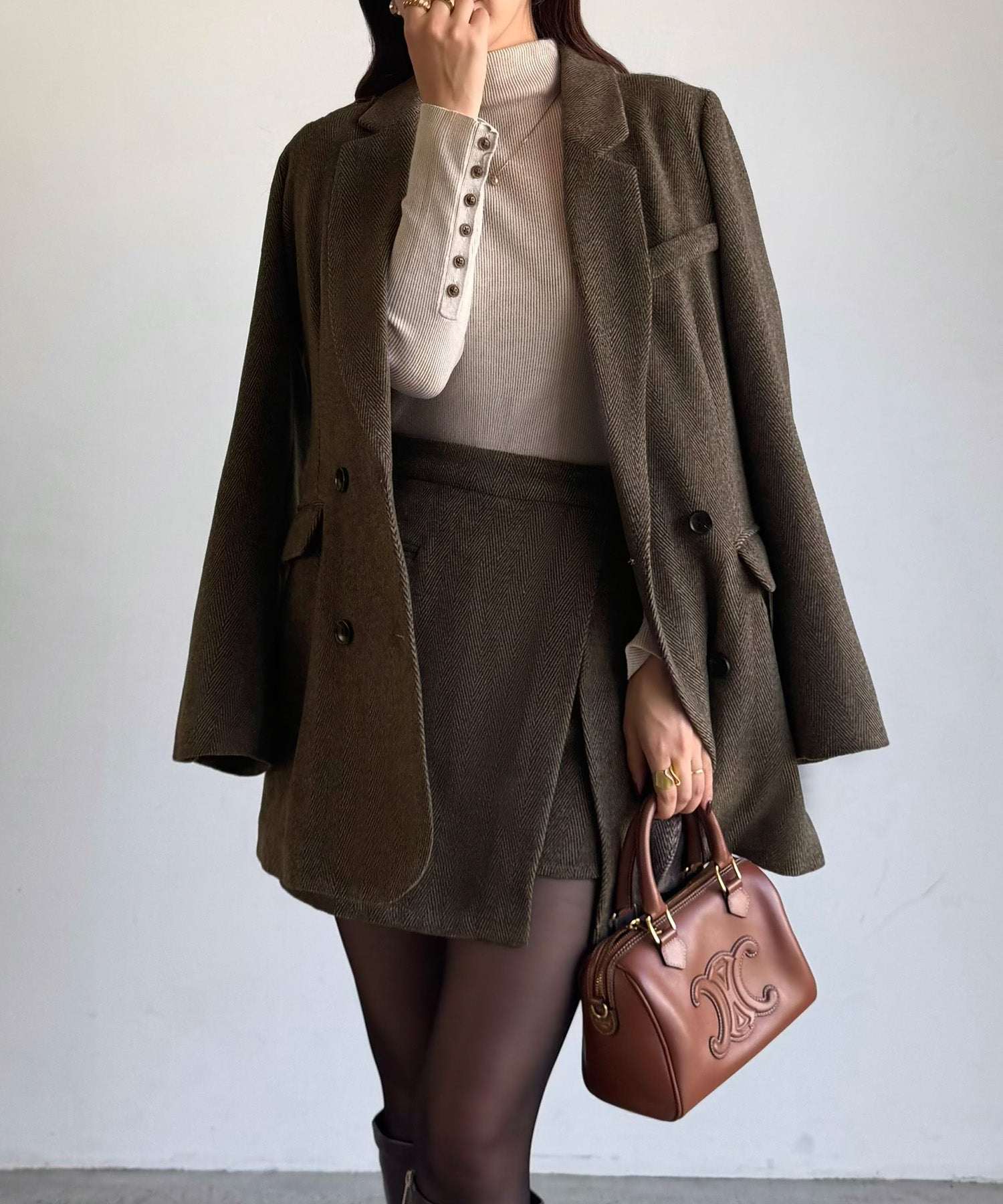 ジュノア JUNOAH ジャケット+スリットミニスカートset （ダークブラウン） ダークブラウン