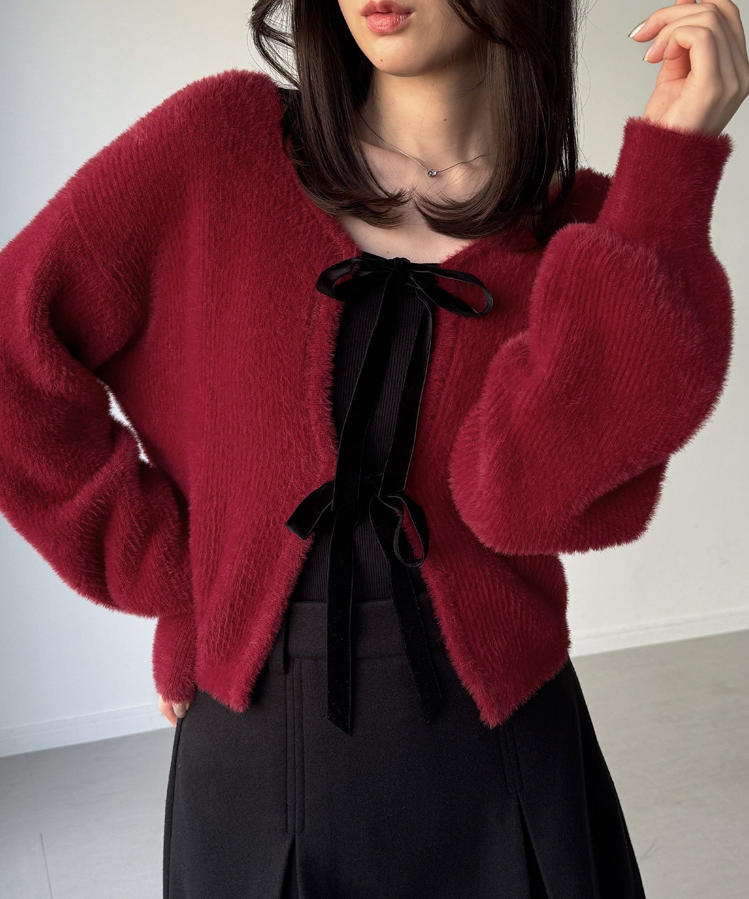 ジュノア JUNOAH 2wayベロアリボンシャギーニットカーディガン （レッド） レッド