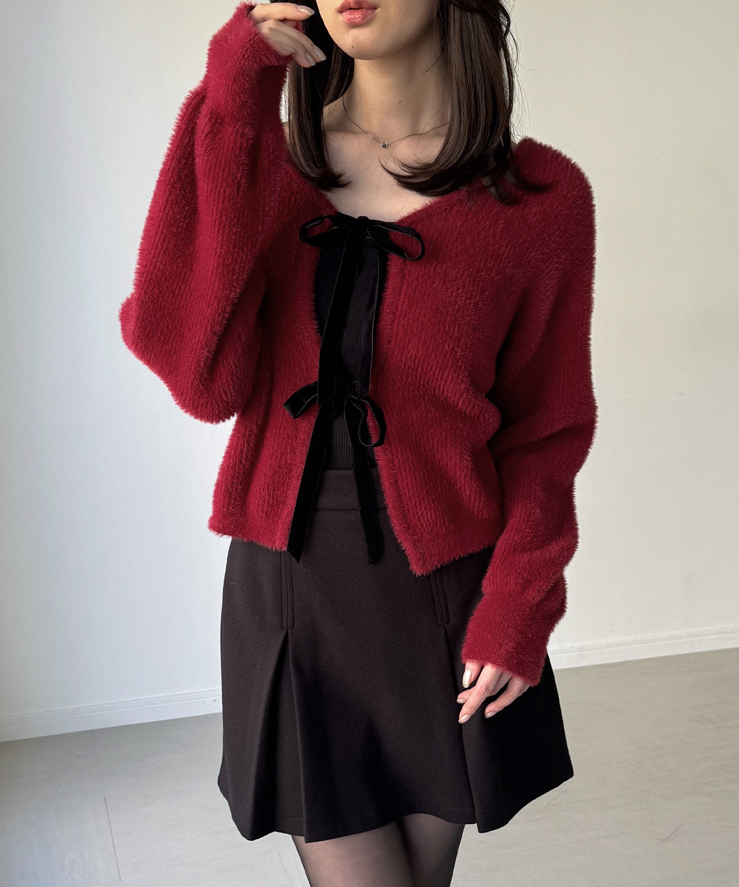 ジュノア JUNOAH 2wayベロアリボンシャギーニットカーディガン （レッド） レッド