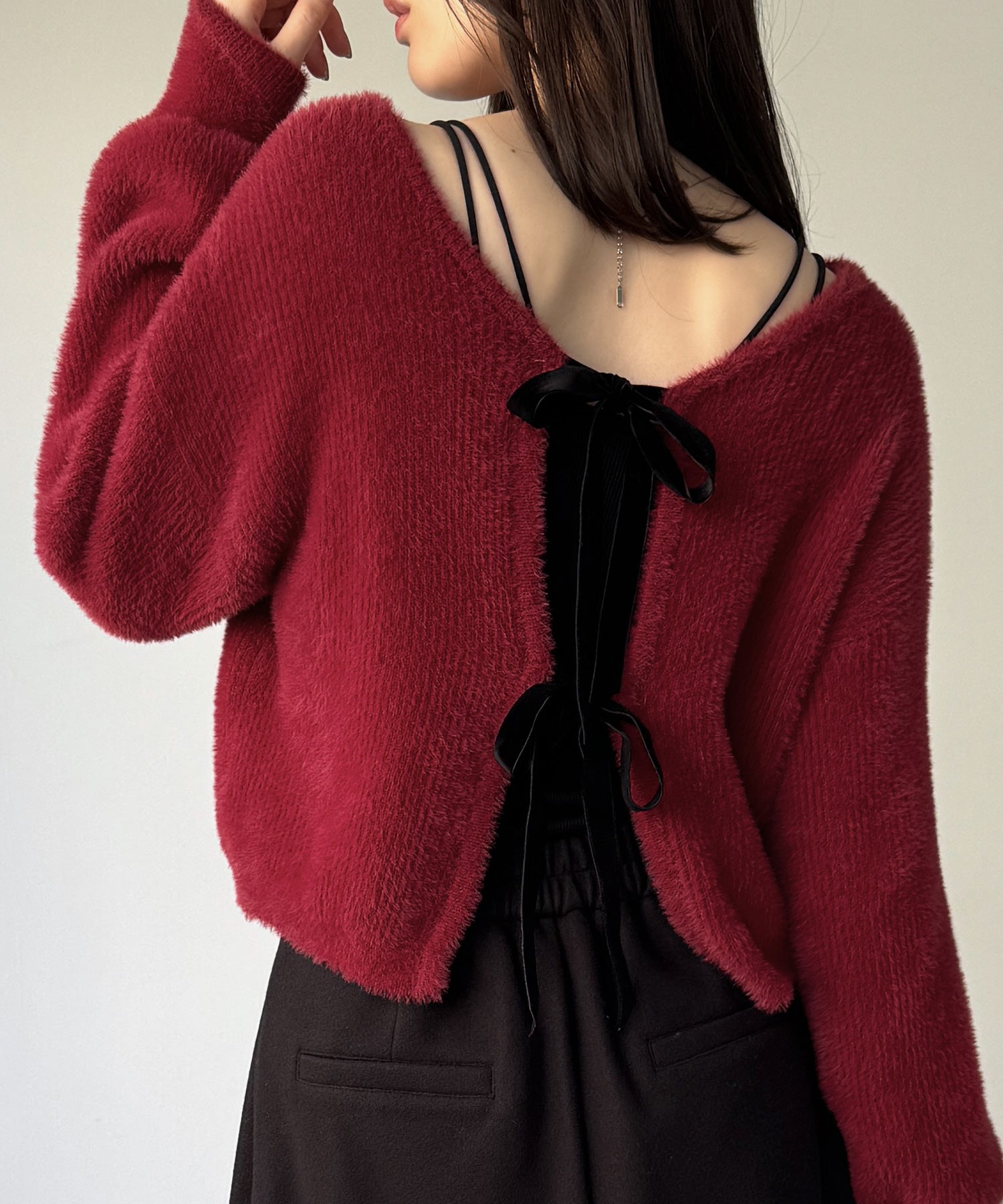 ジュノア JUNOAH 2wayベロアリボンシャギーニットカーディガン （レッド） レッド