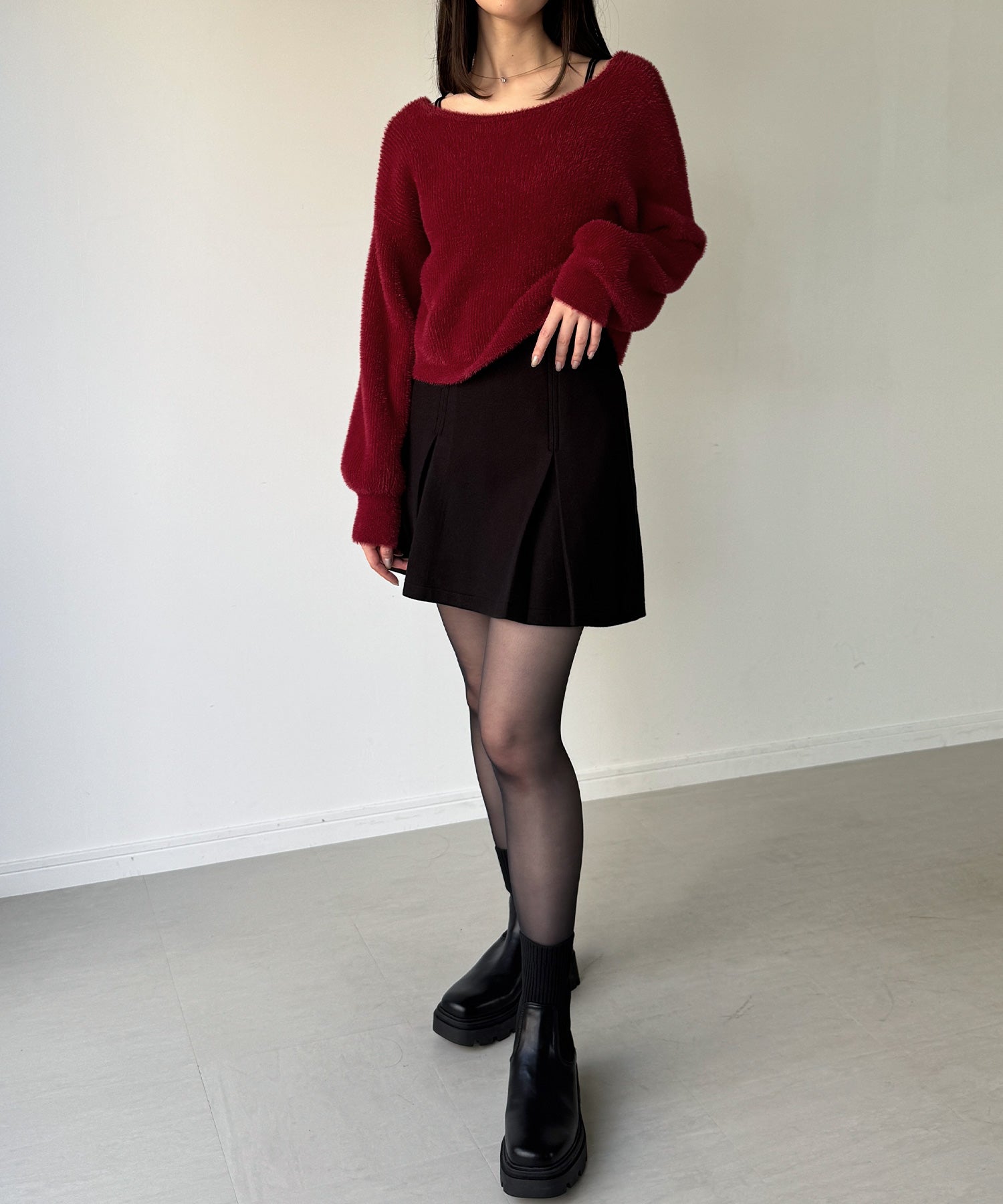 ジュノア JUNOAH 2wayベロアリボンシャギーニットカーディガン （レッド） レッド