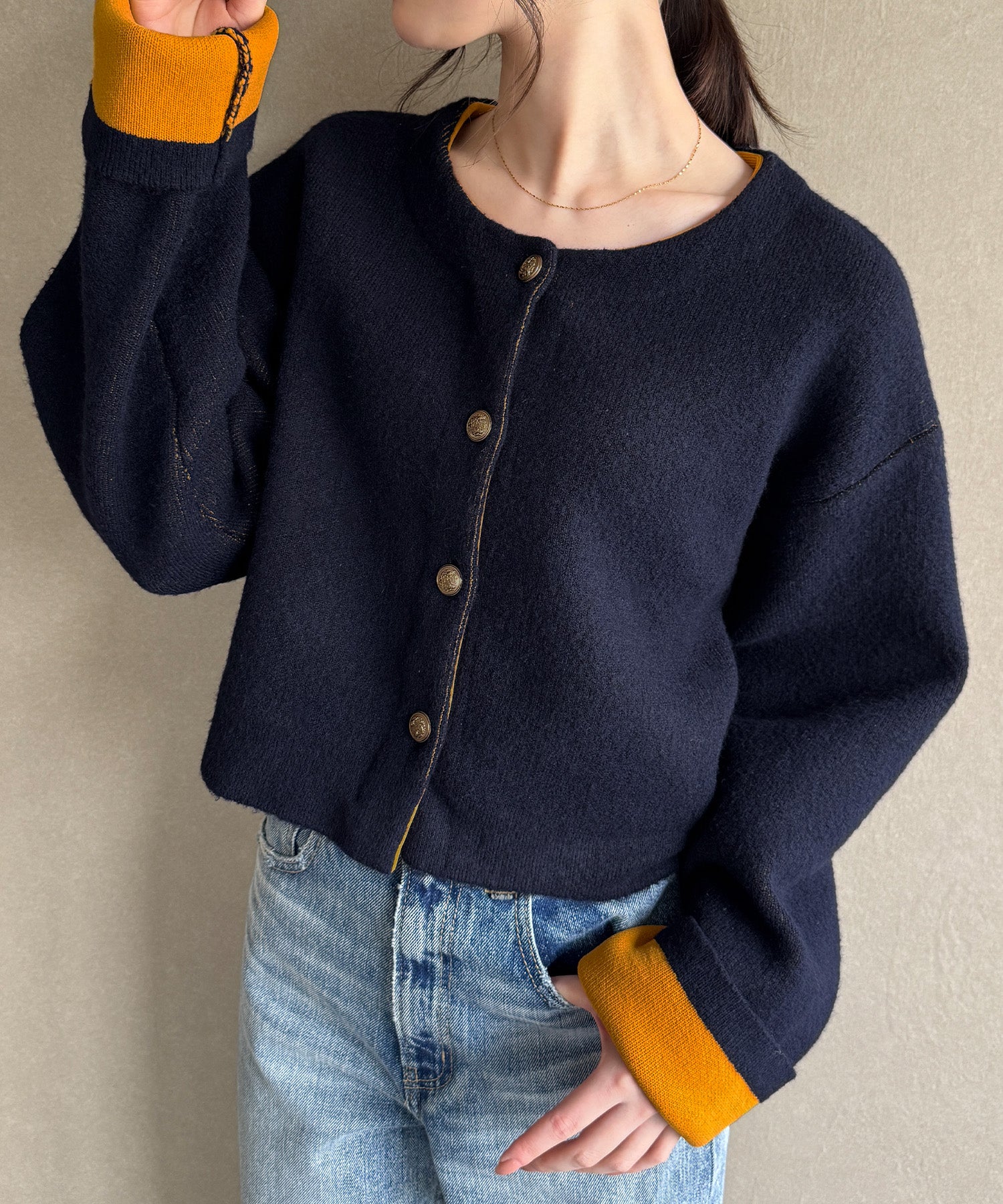 ジュノア JUNOAH 金釦裏配色ショートニットジャケット （ネイビー） ネイビー