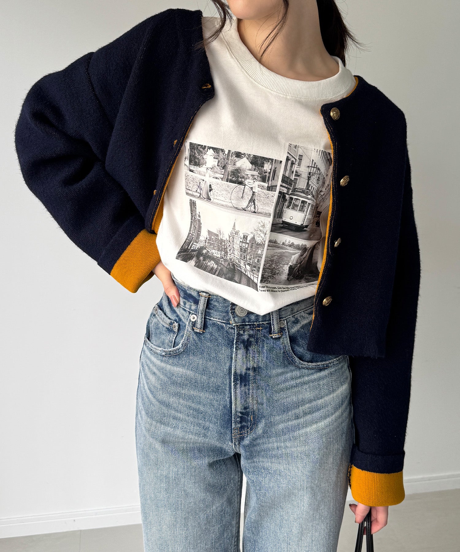 ジュノア JUNOAH 金釦裏配色ショートニットジャケット （ネイビー） ネイビー