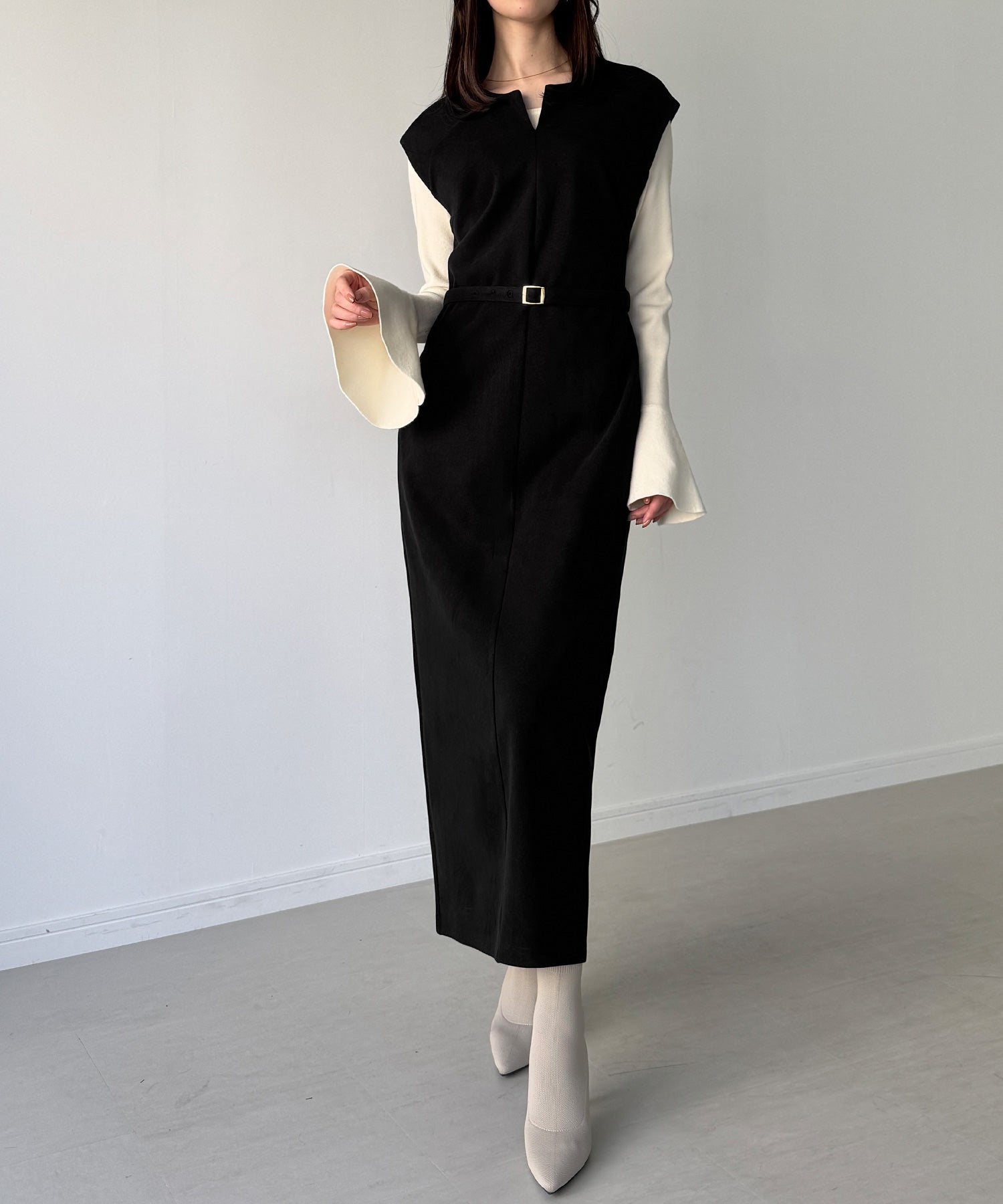 ジュノア JUNOAH キーネックIラインロングワンピース （ブラック） ブラック