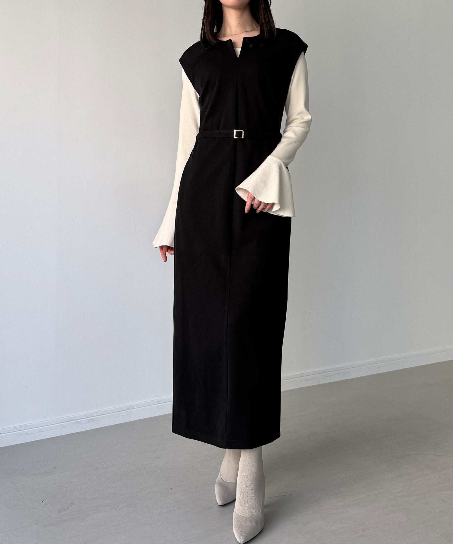 ジュノア JUNOAH キーネックIラインロングワンピース （ブラック） ブラック