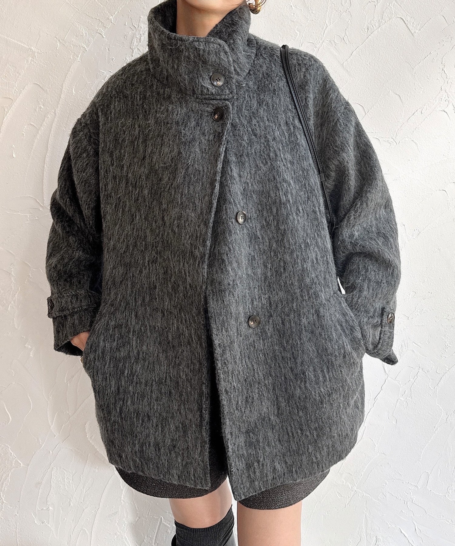 ジュノア JUNOAH スタンドカラーシャギーコート （ダークグレー） ダークグレー