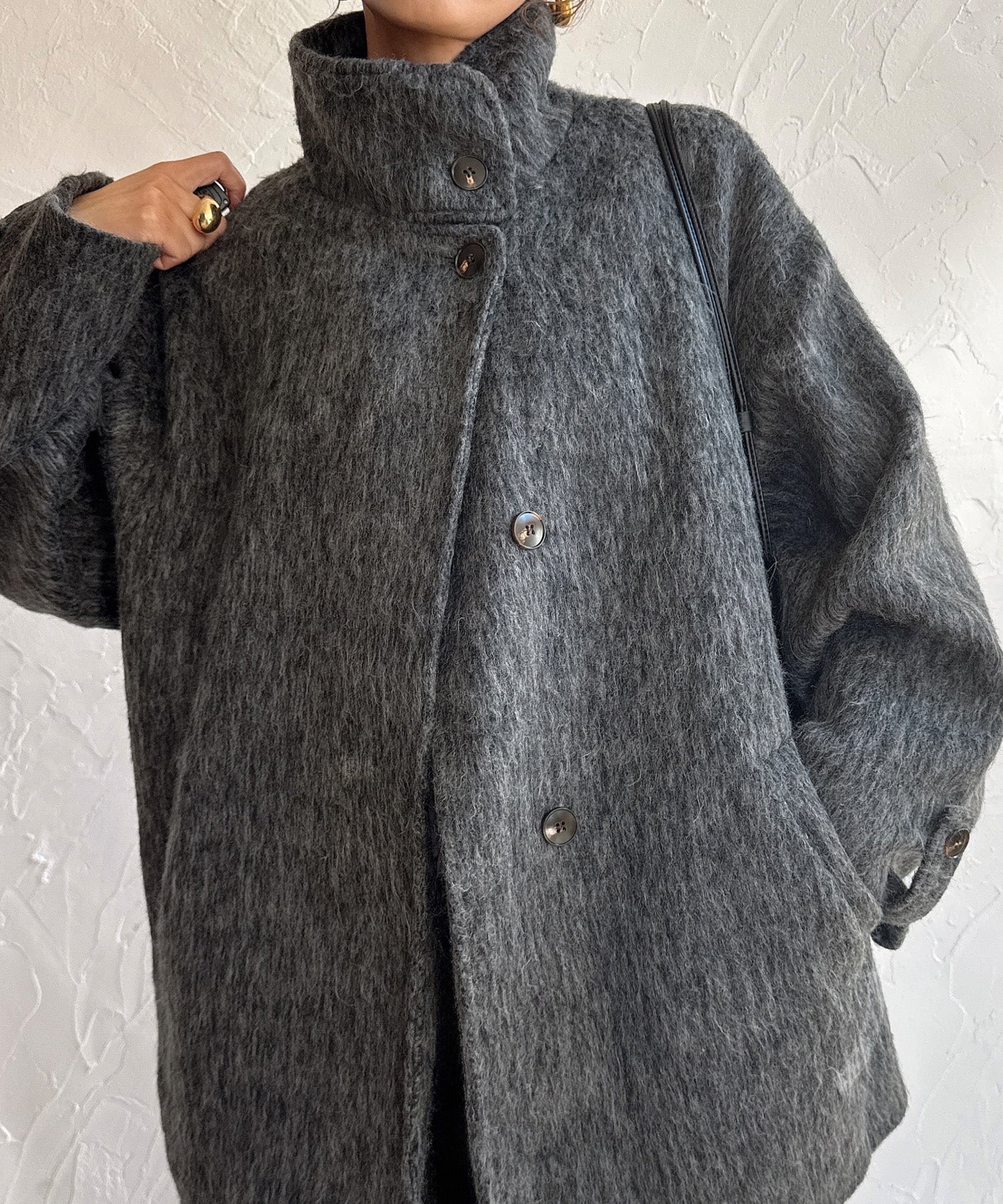 ジュノア JUNOAH スタンドカラーシャギーコート （ダークグレー） ダークグレー