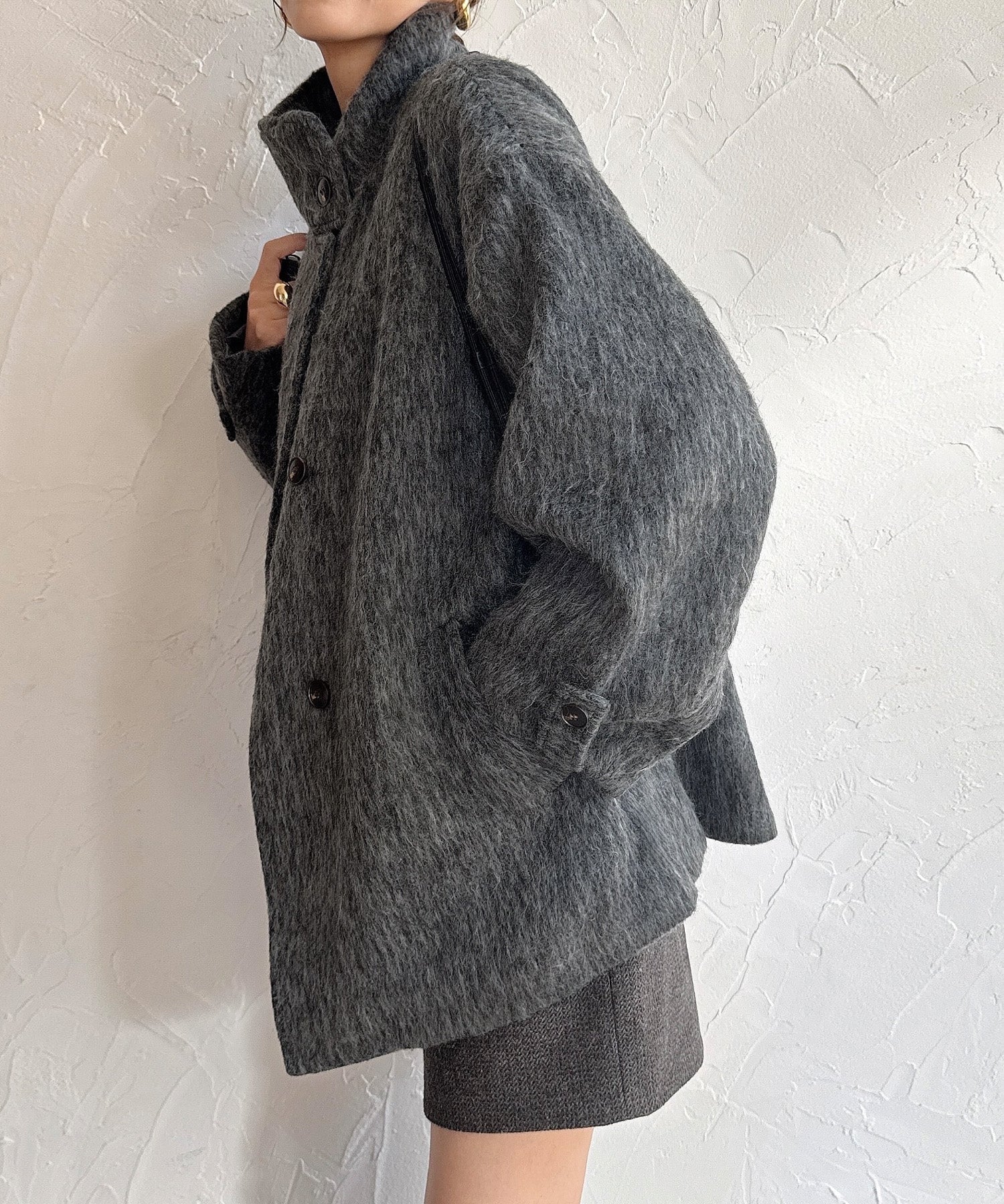 ジュノア JUNOAH スタンドカラーシャギーコート （ダークグレー） ダークグレー