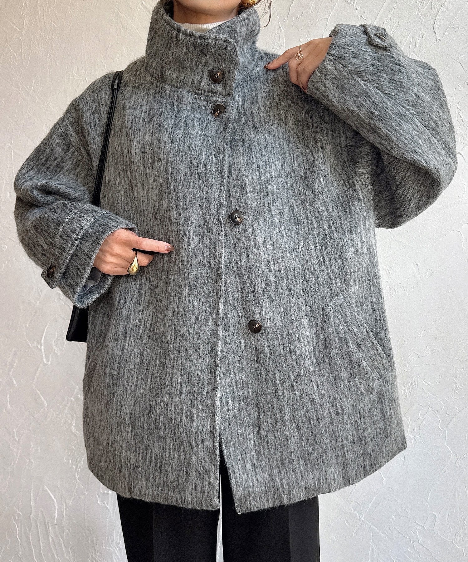 ジュノア JUNOAH スタンドカラーシャギーコート （ライトグレー） ライトグレー