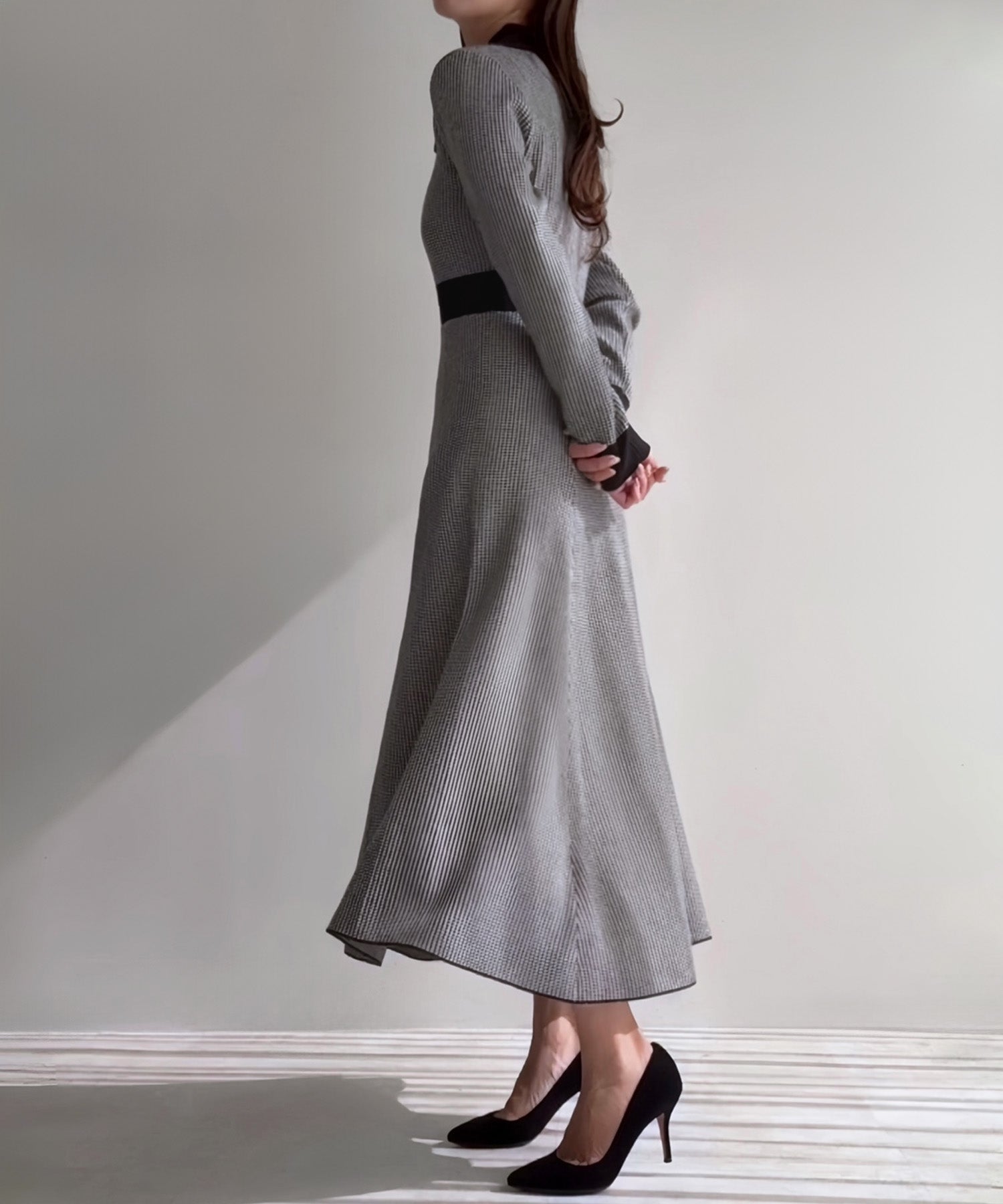 ジュノア JUNOAH 千鳥チェックビジュー釦ニットワンピース （ブラック） ブラック