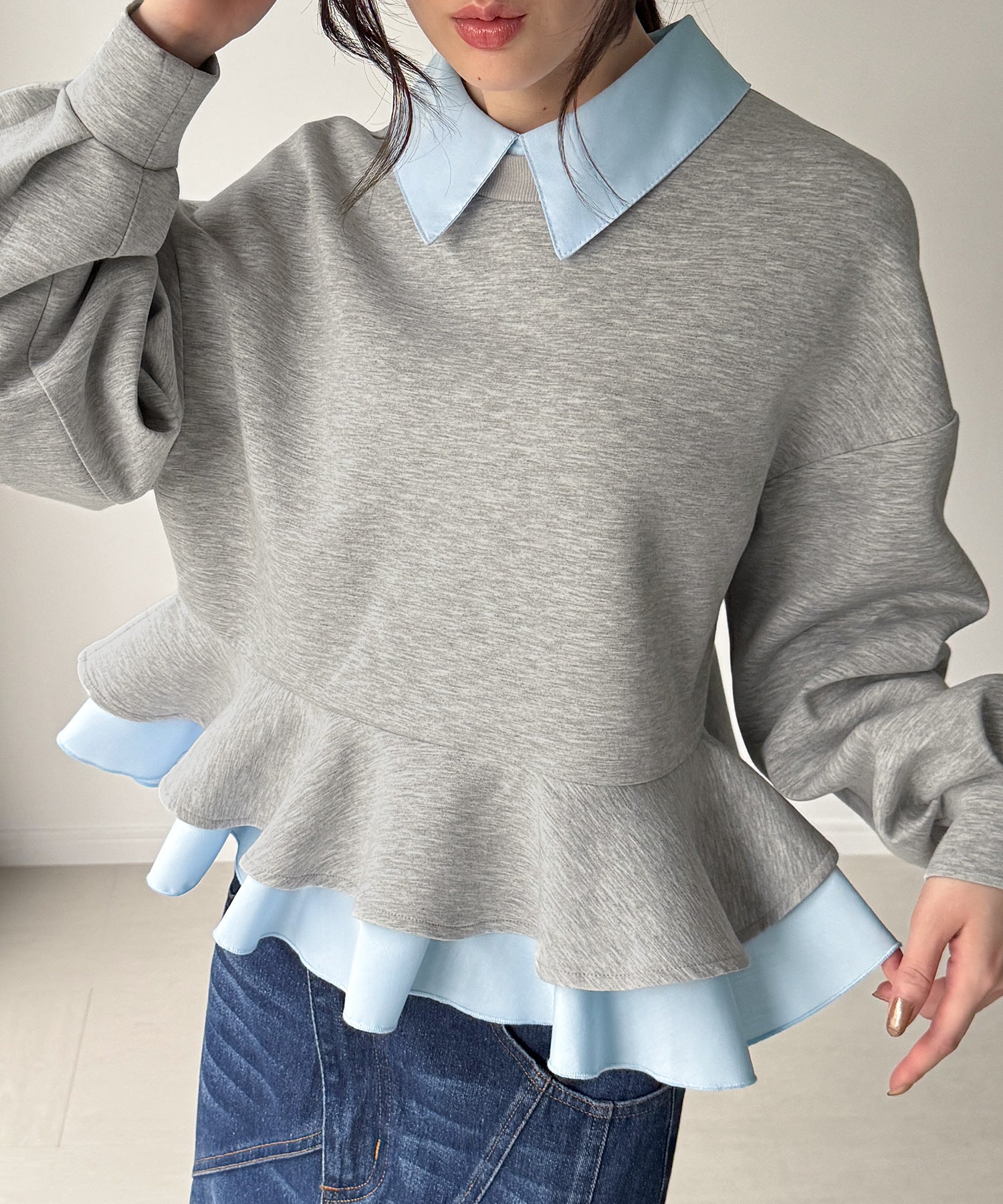 ジュノア JUNOAH フリルレイヤードスウェット （杢グレー） 杢グレー