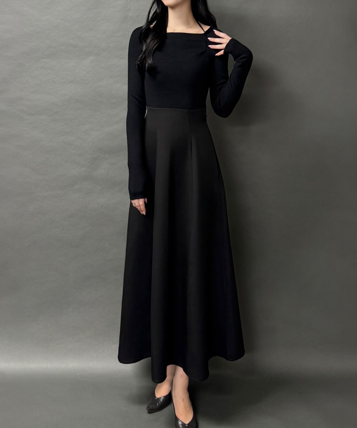 ジュノア JUNOAH ドッキングニットフレアワンピース【ペチスカートセット】 （ブラック） ブラック