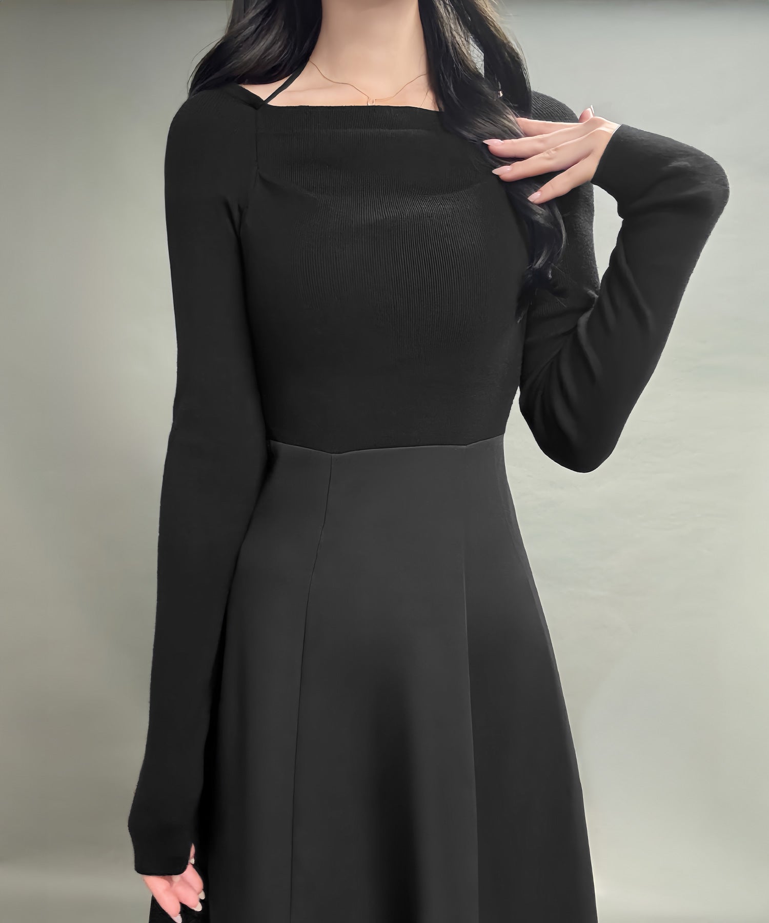 ジュノア JUNOAH ドッキングニットフレアワンピース【ペチスカートセット】 （ブラック） ブラック