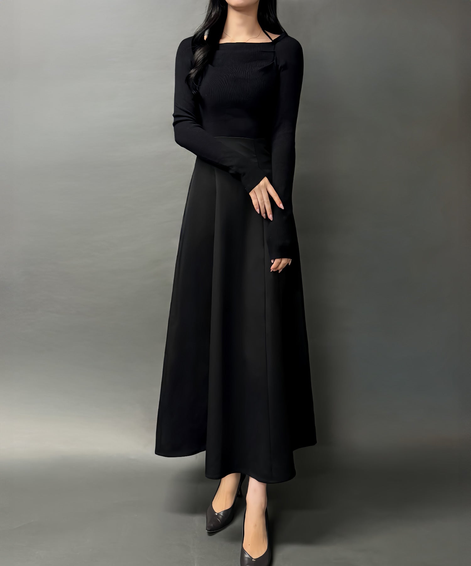 ジュノア JUNOAH ドッキングニットフレアワンピース【ペチスカートセット】 （ブラック） ブラック