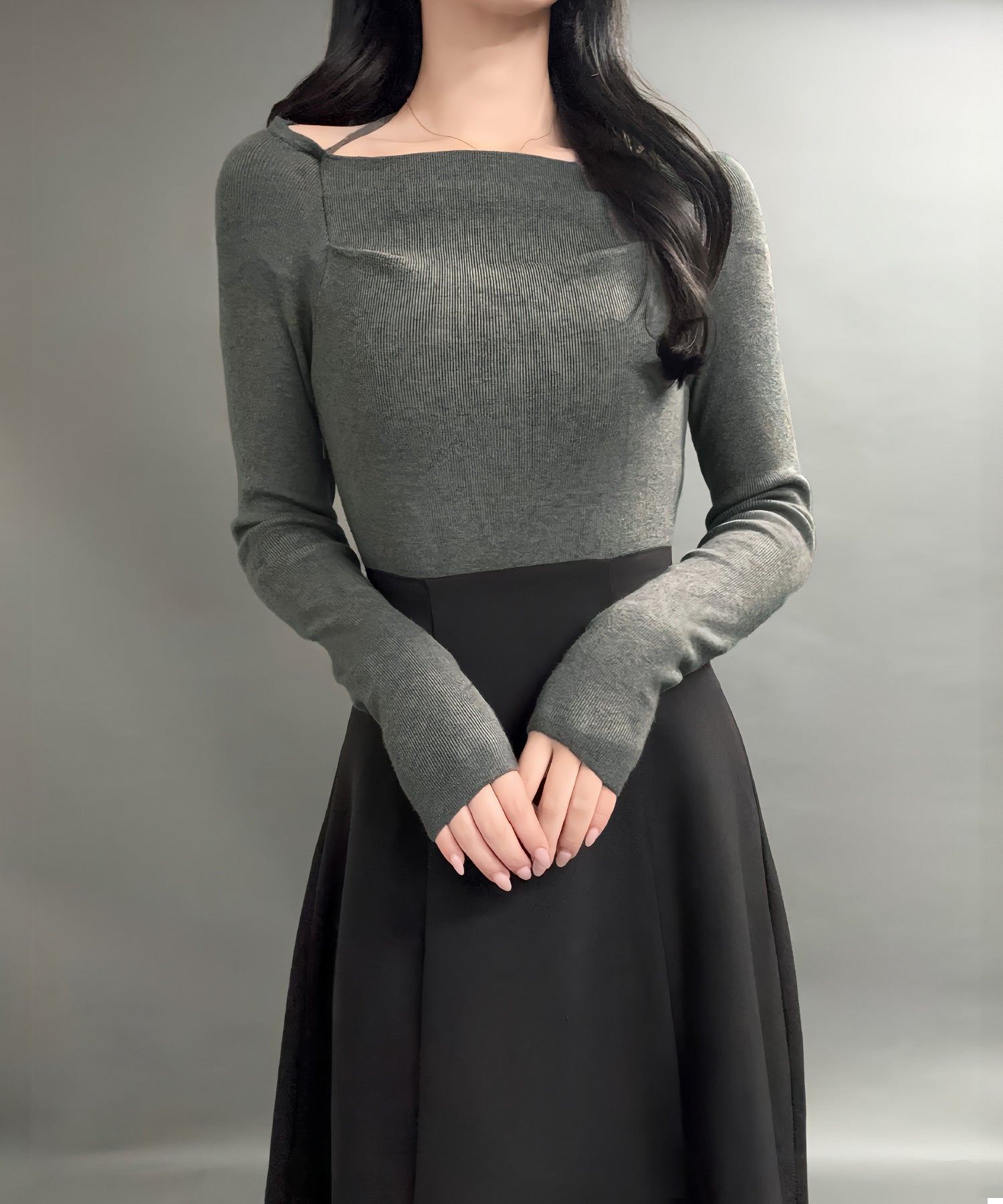 ジュノア JUNOAH ドッキングニットフレアワンピース【ペチスカートセット】 （チャコール） チャコール