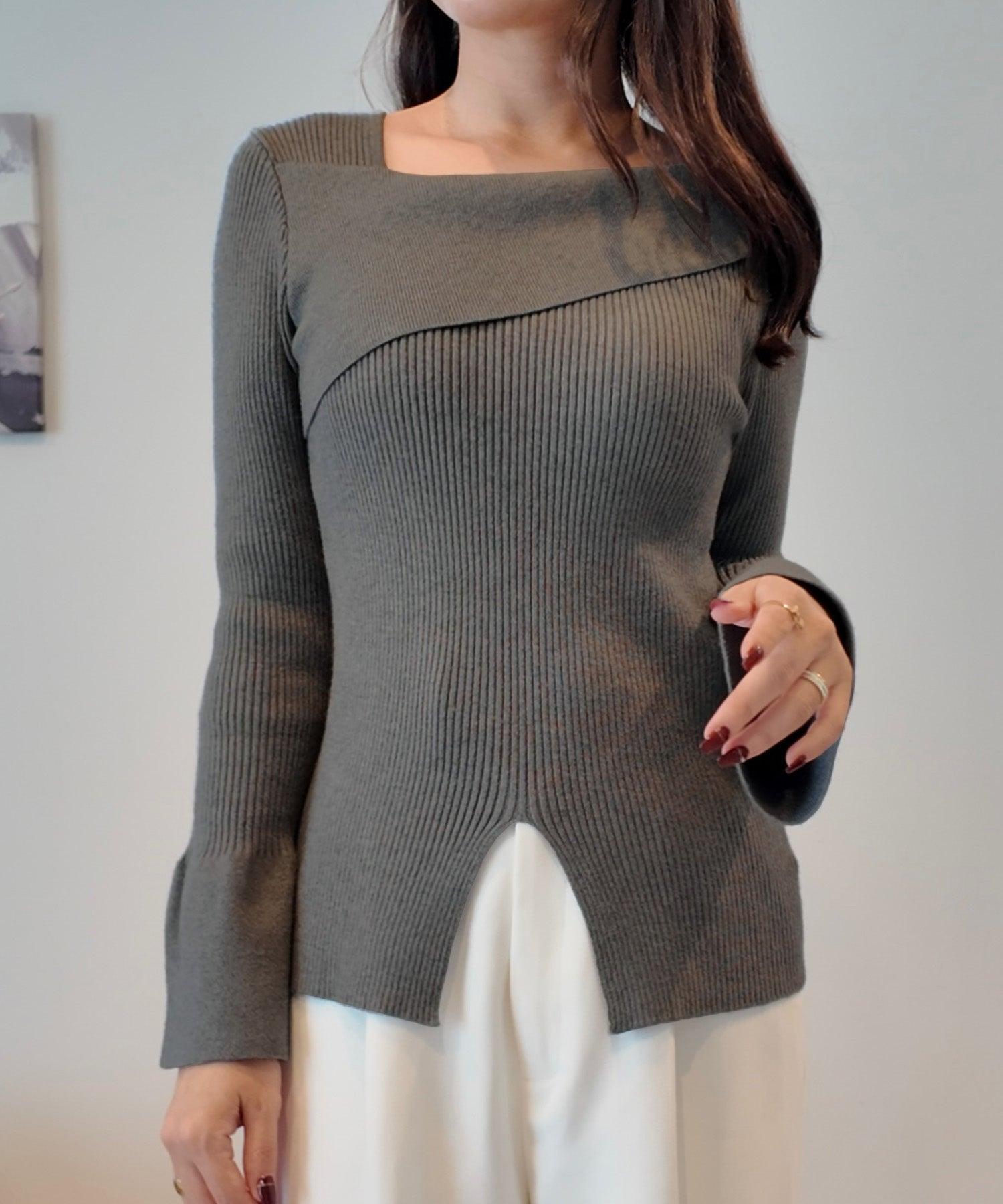 ジュノア JUNOAH 2wayワンショルフロントスリットリブニット （チャコール） チャコール