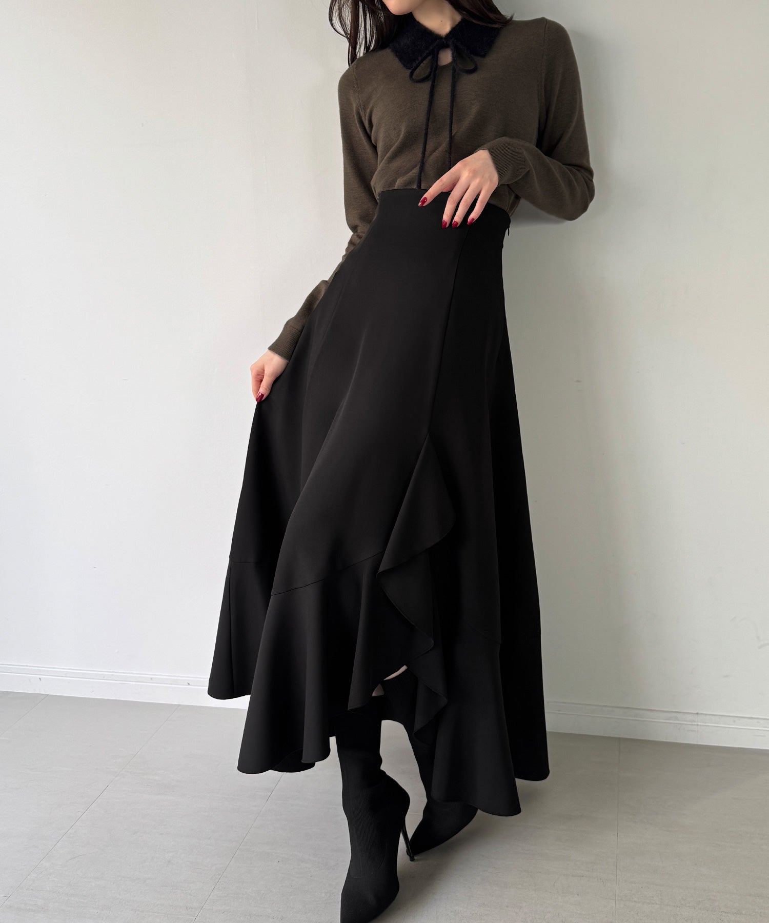 ジュノア JUNOAH 【取り外し可能リボン付き】シャギーカラーニットトップス （チャコール） チャコール