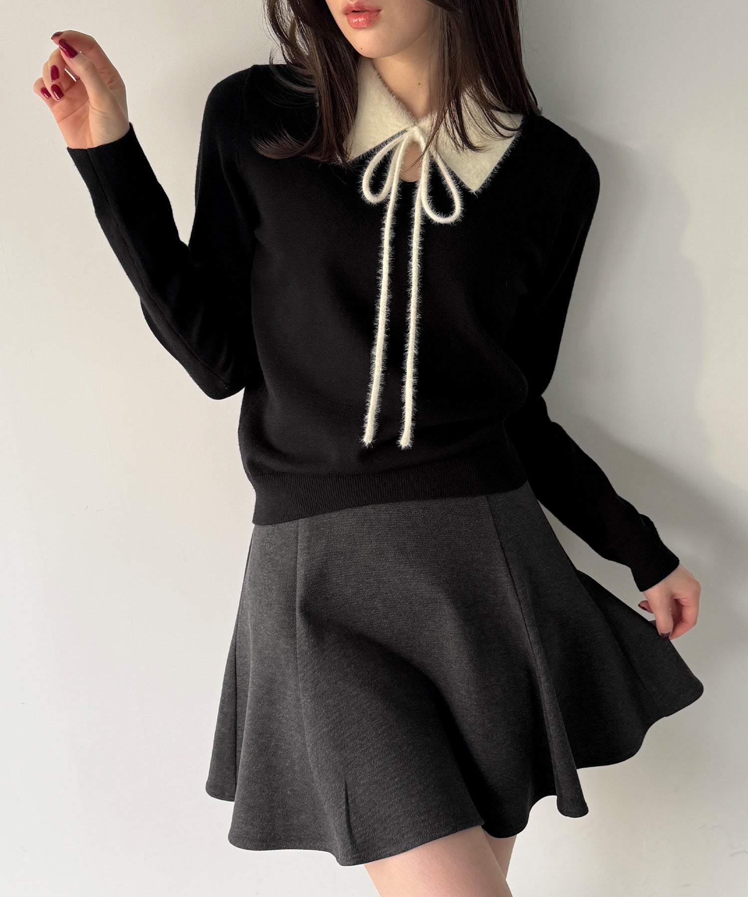 ジュノア JUNOAH 【取り外し可能リボン付き】シャギーカラーニットトップス （ブラック） ブラック