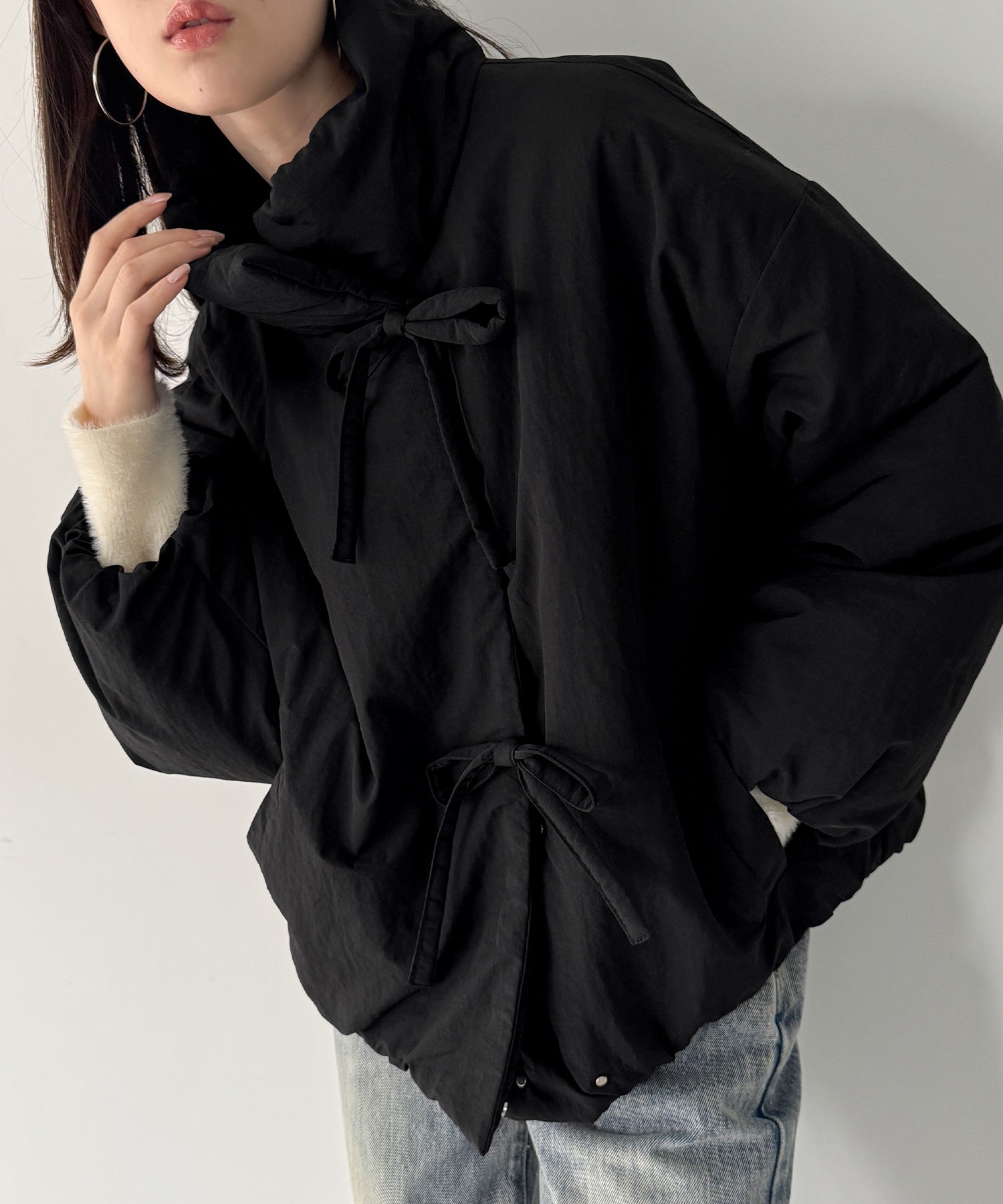 ジュノア JUNOAH スタンドカラーリボン中綿アウター （ブラック） ブラック