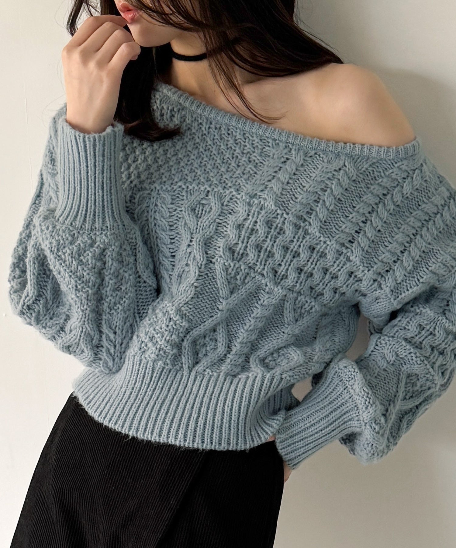 ジュノア JUNOAH 2wayワンショルケーブルショートニット （ライトブルー） ライトブルー