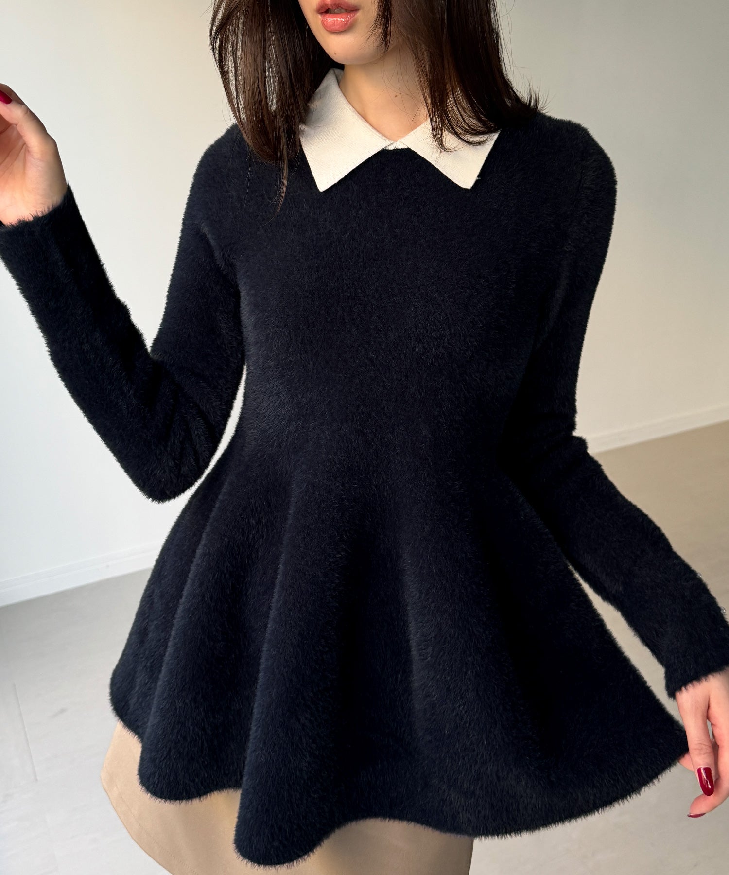 ジュノア JUNOAH シャギーペプラムニットトップス （ネイビー） ネイビー