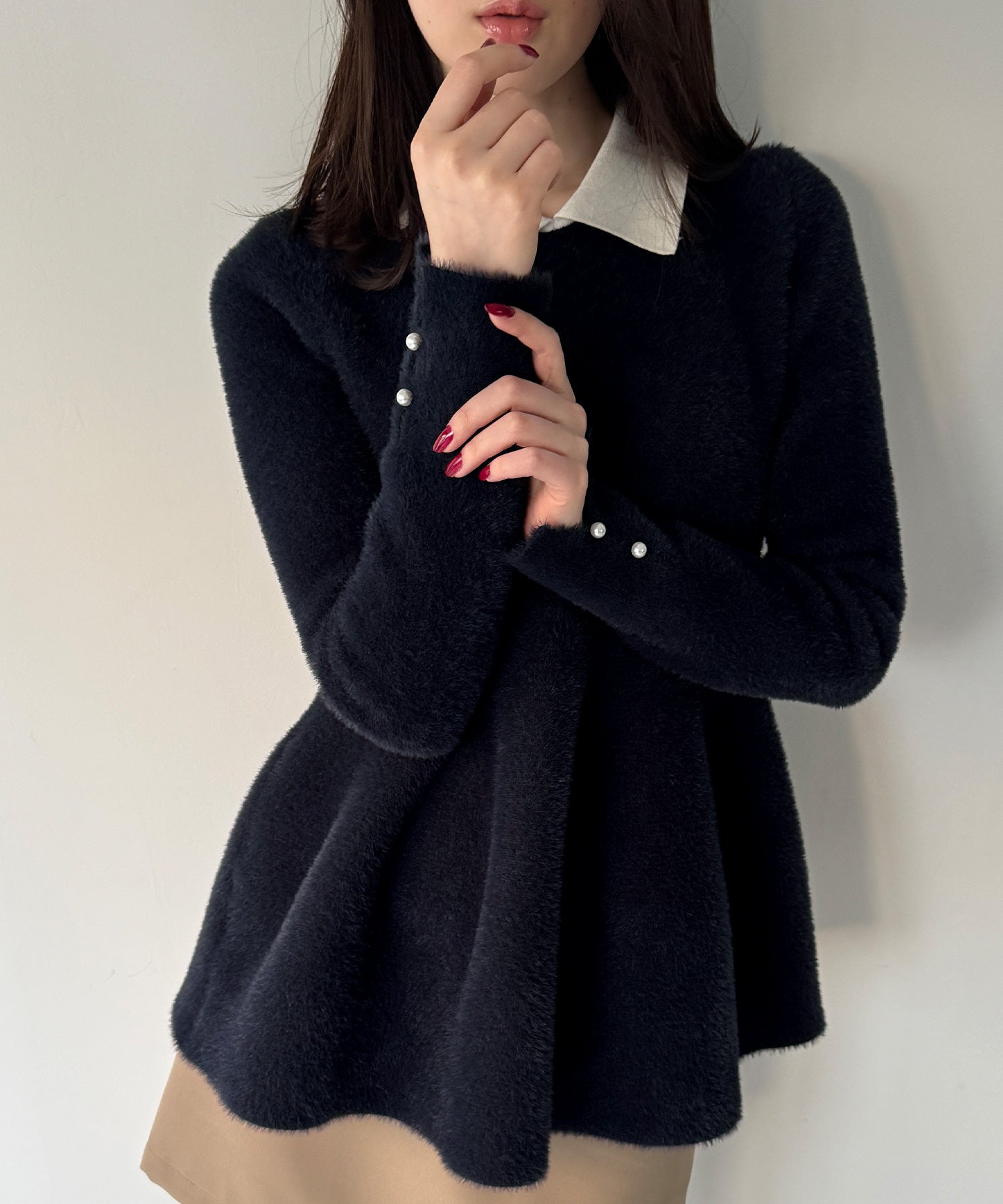 ジュノア JUNOAH シャギーペプラムニットトップス （ネイビー） ネイビー