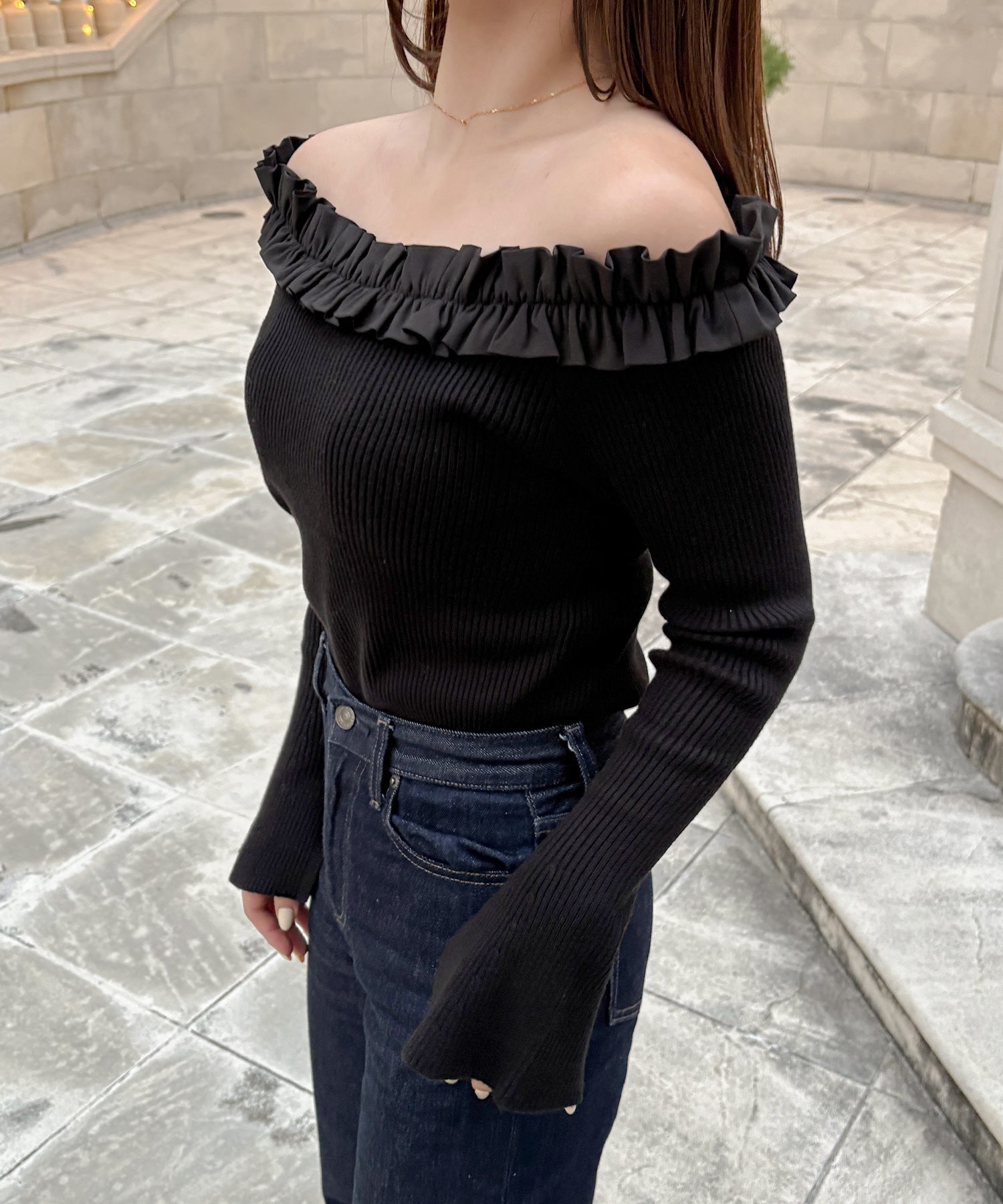 ジュノア JUNOAH フリルニットトップス （ブラック） ブラック