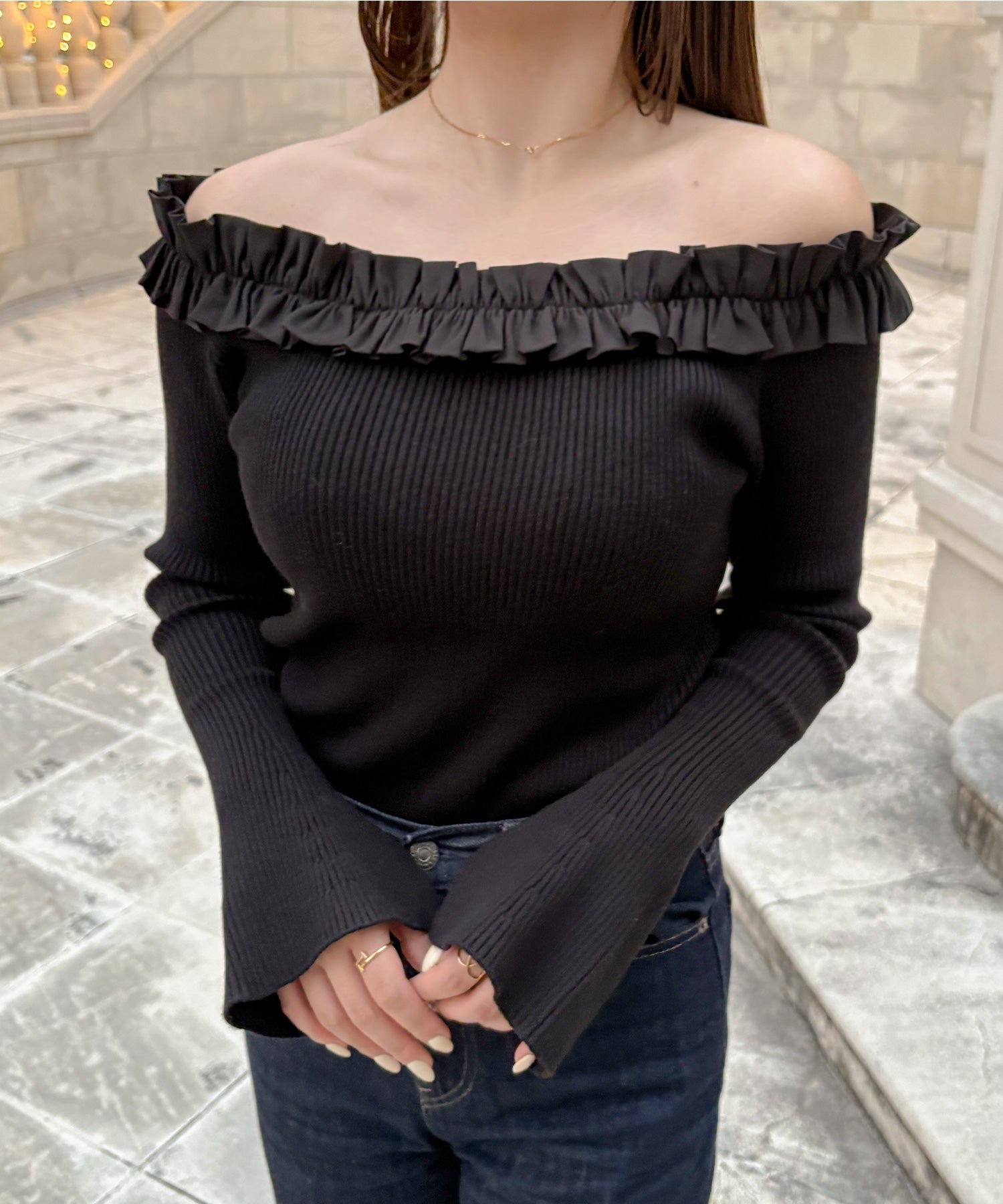 ジュノア JUNOAH フリルニットトップス （ブラック） ブラック