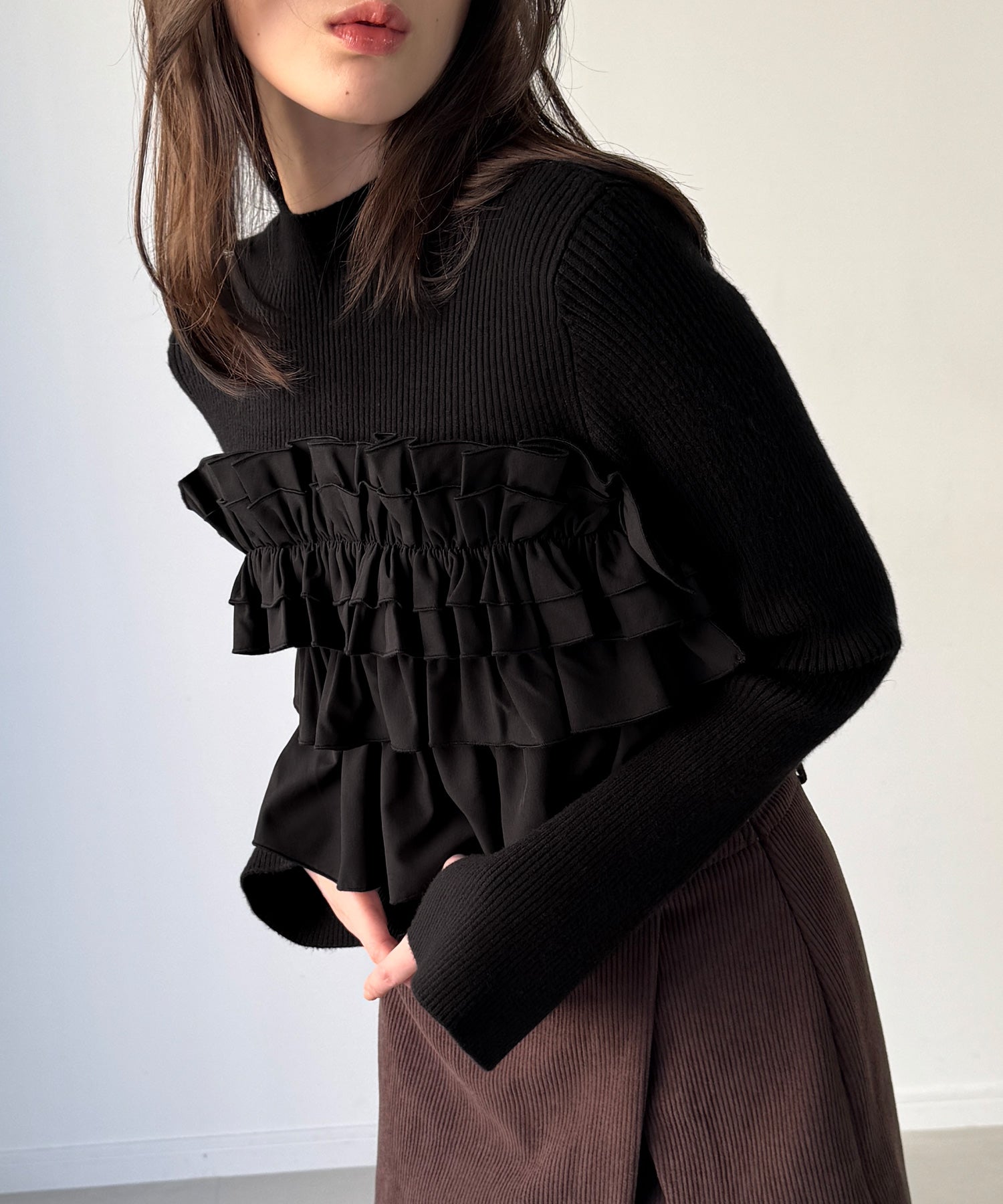 ジュノア JUNOAH フリルビスチェ風ドッキングリブニット （ブラック） ブラック