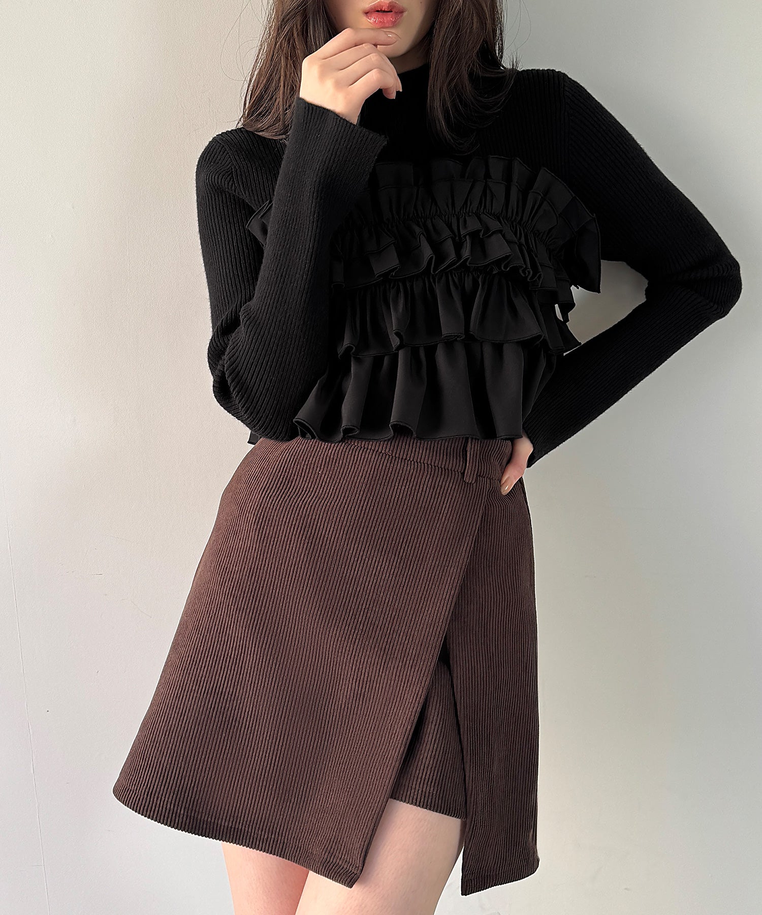 ジュノア JUNOAH フリルビスチェ風ドッキングリブニット （ブラック） ブラック