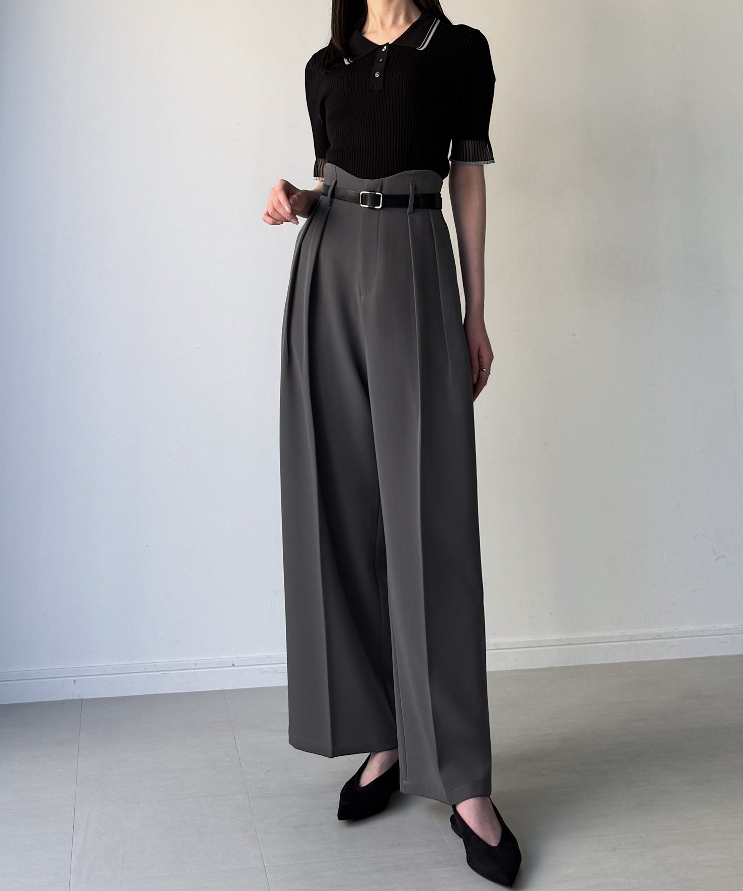 ジュノア JUNOAH ウェーブハイウエストツータックワイドパンツ （ダークグレー） ダークグレー