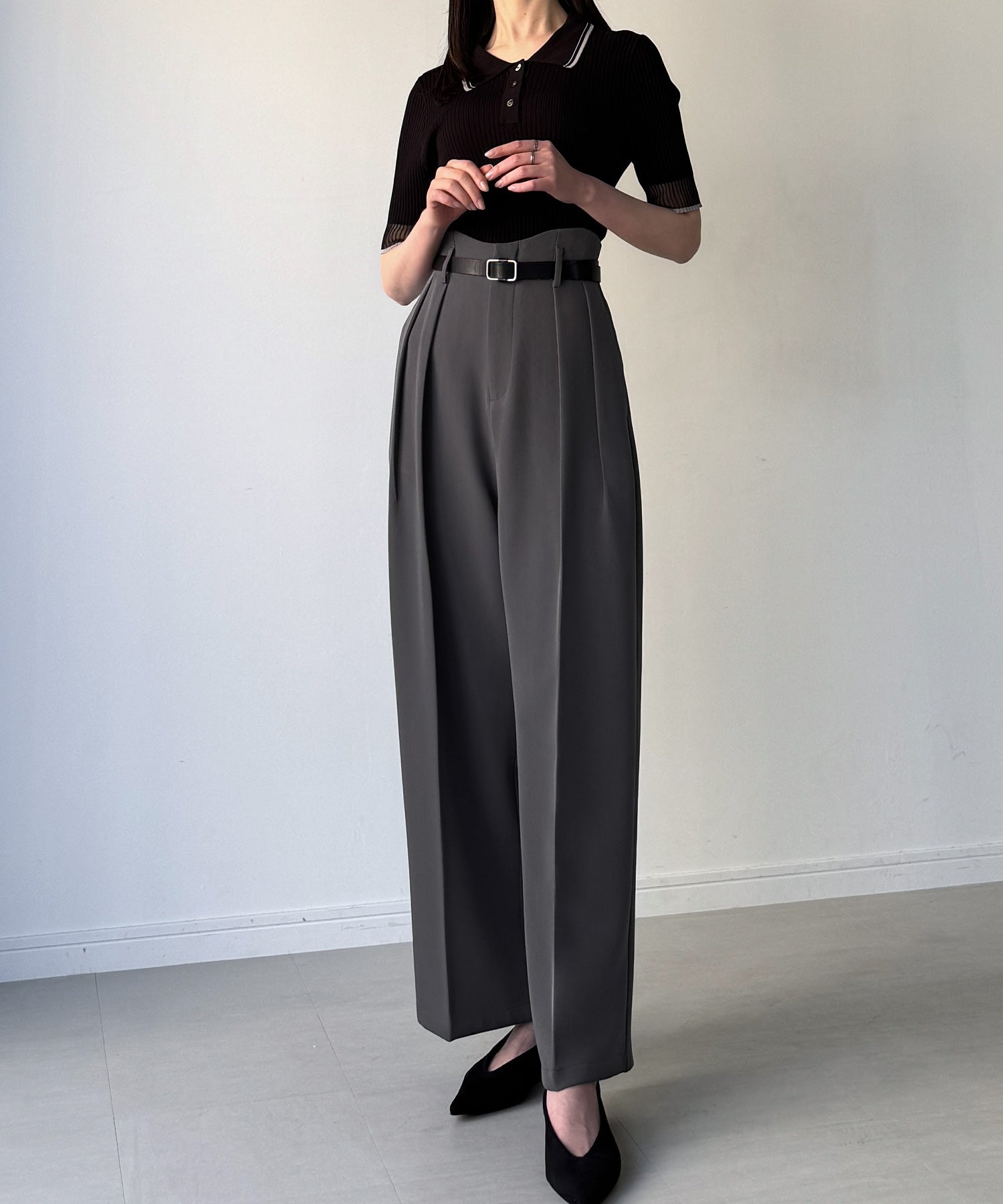 ジュノア JUNOAH ウェーブハイウエストツータックワイドパンツ （ダークグレー） ダークグレー