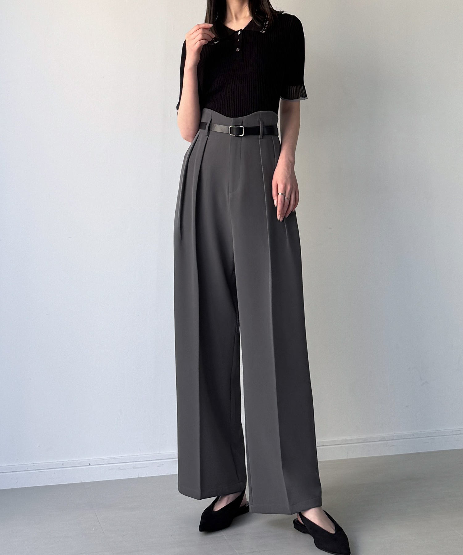 ジュノア JUNOAH ウェーブハイウエストツータックワイドパンツ （ダークグレー） ダークグレー