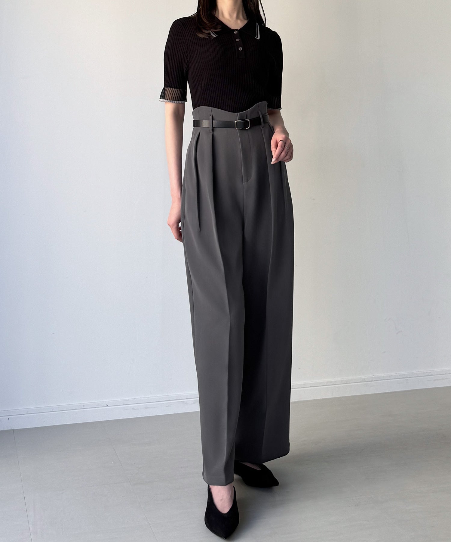 ジュノア JUNOAH ウェーブハイウエストツータックワイドパンツ （ダークグレー） ダークグレー