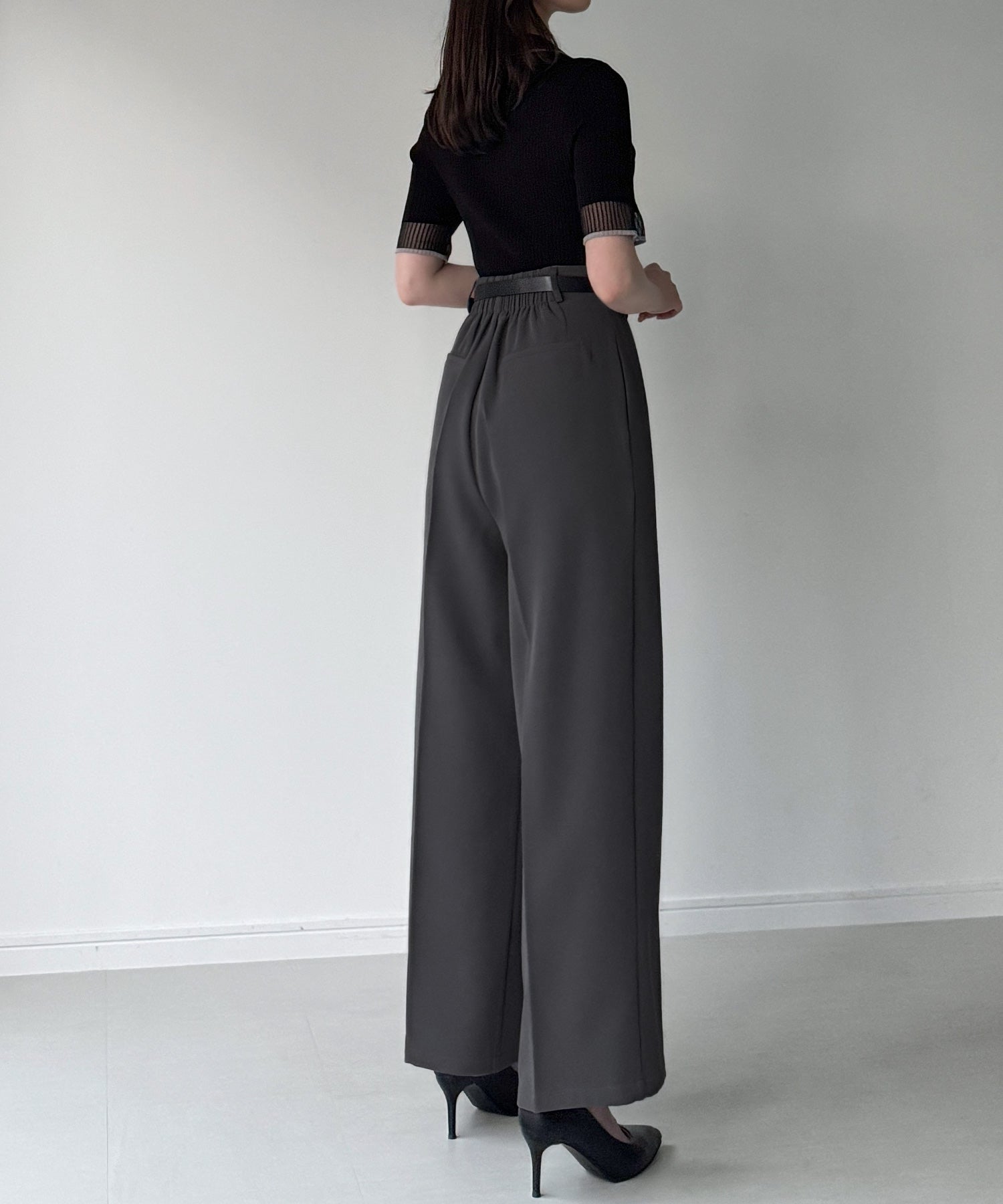 ジュノア JUNOAH ウェーブハイウエストツータックワイドパンツ （ダークグレー） ダークグレー