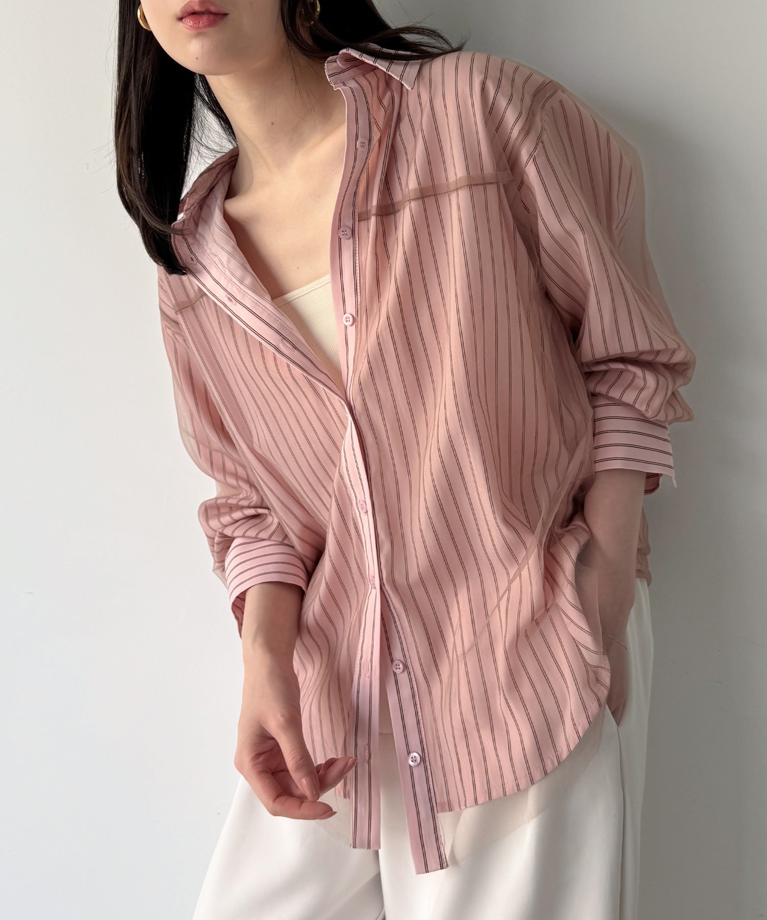 ジュノア JUNOAH チュールレイヤードストライプシャツ （ピンク） ピンク