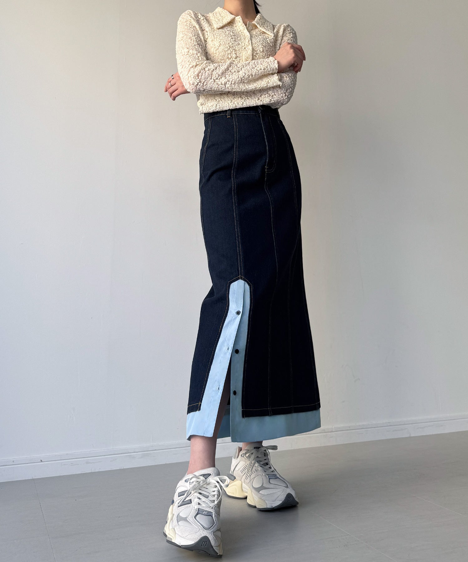 ジュノア JUNOAH 異素材ドッキングデニムスカート （ダークブルー） ダークブルー