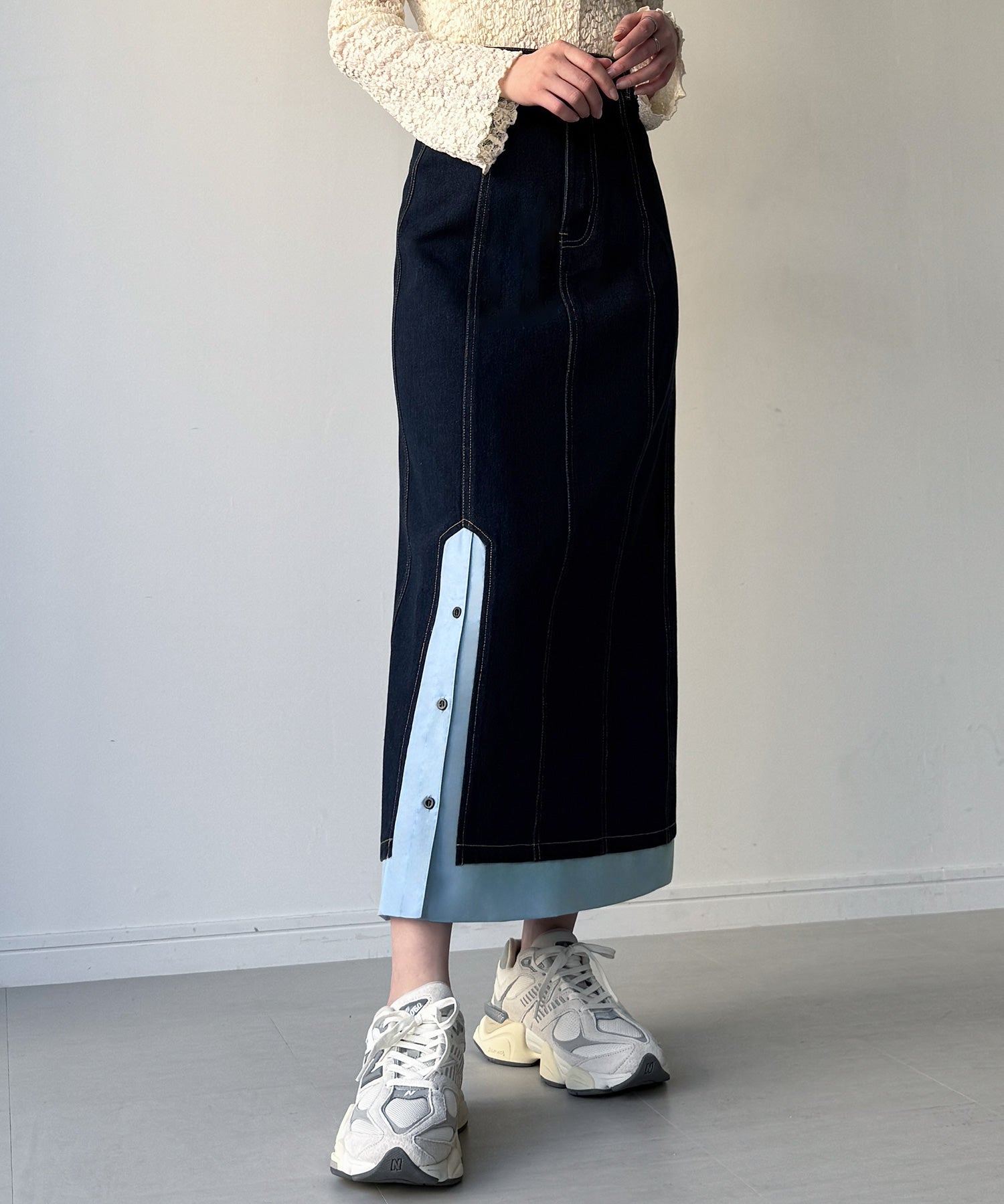 ジュノア JUNOAH 異素材ドッキングデニムスカート （ダークブルー） ダークブルー