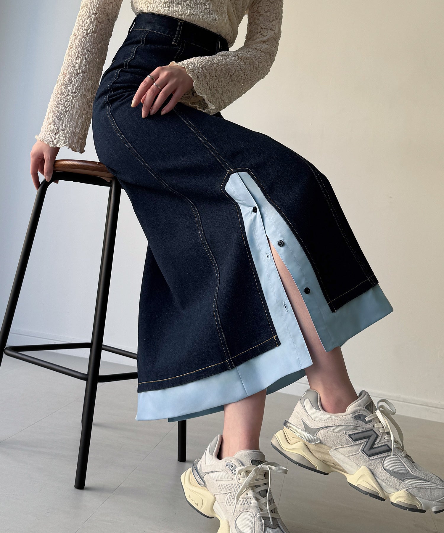 ジュノア JUNOAH 異素材ドッキングデニムスカート （ダークブルー） ダークブルー