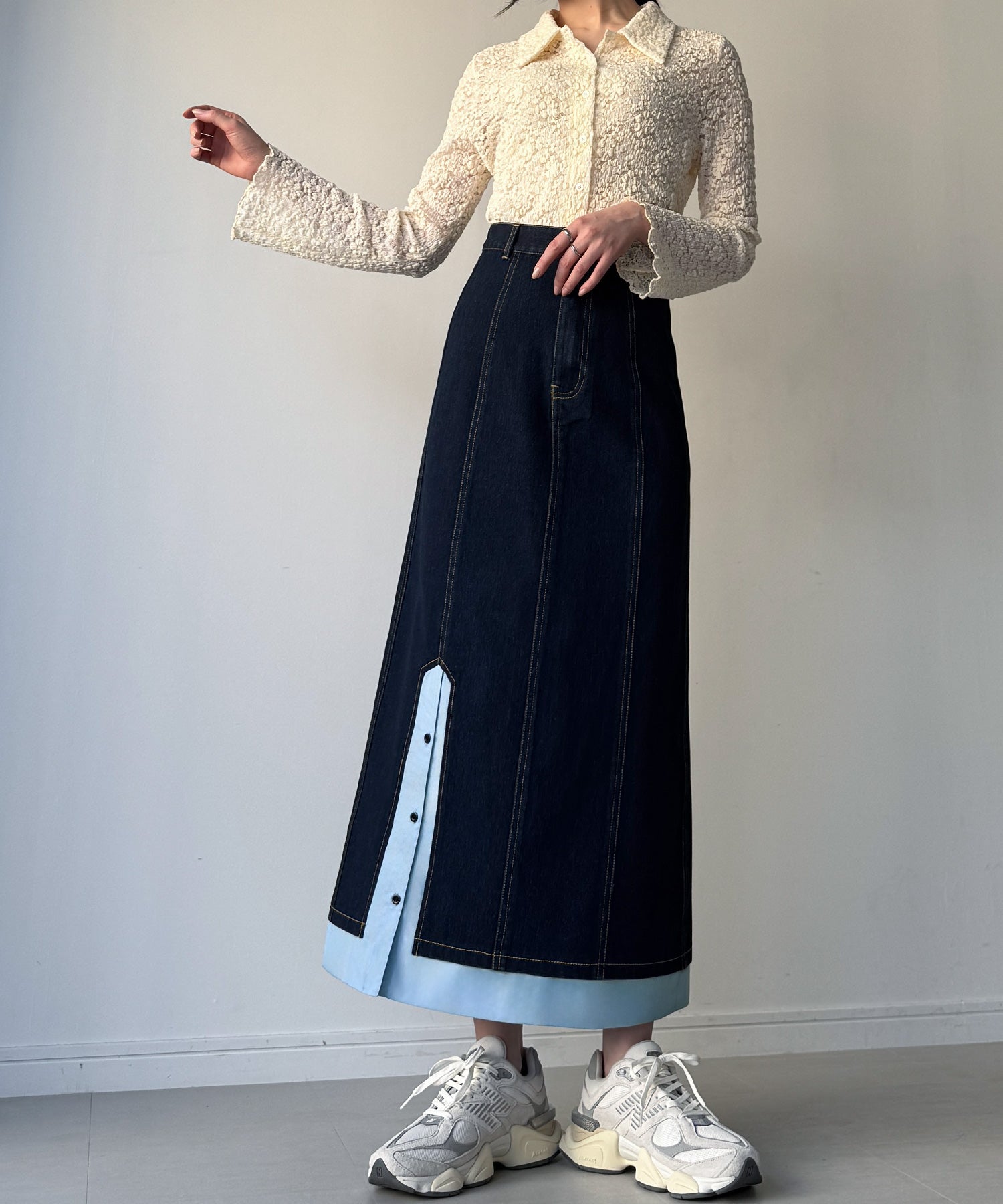 ジュノア JUNOAH 異素材ドッキングデニムスカート （ダークブルー） ダークブルー