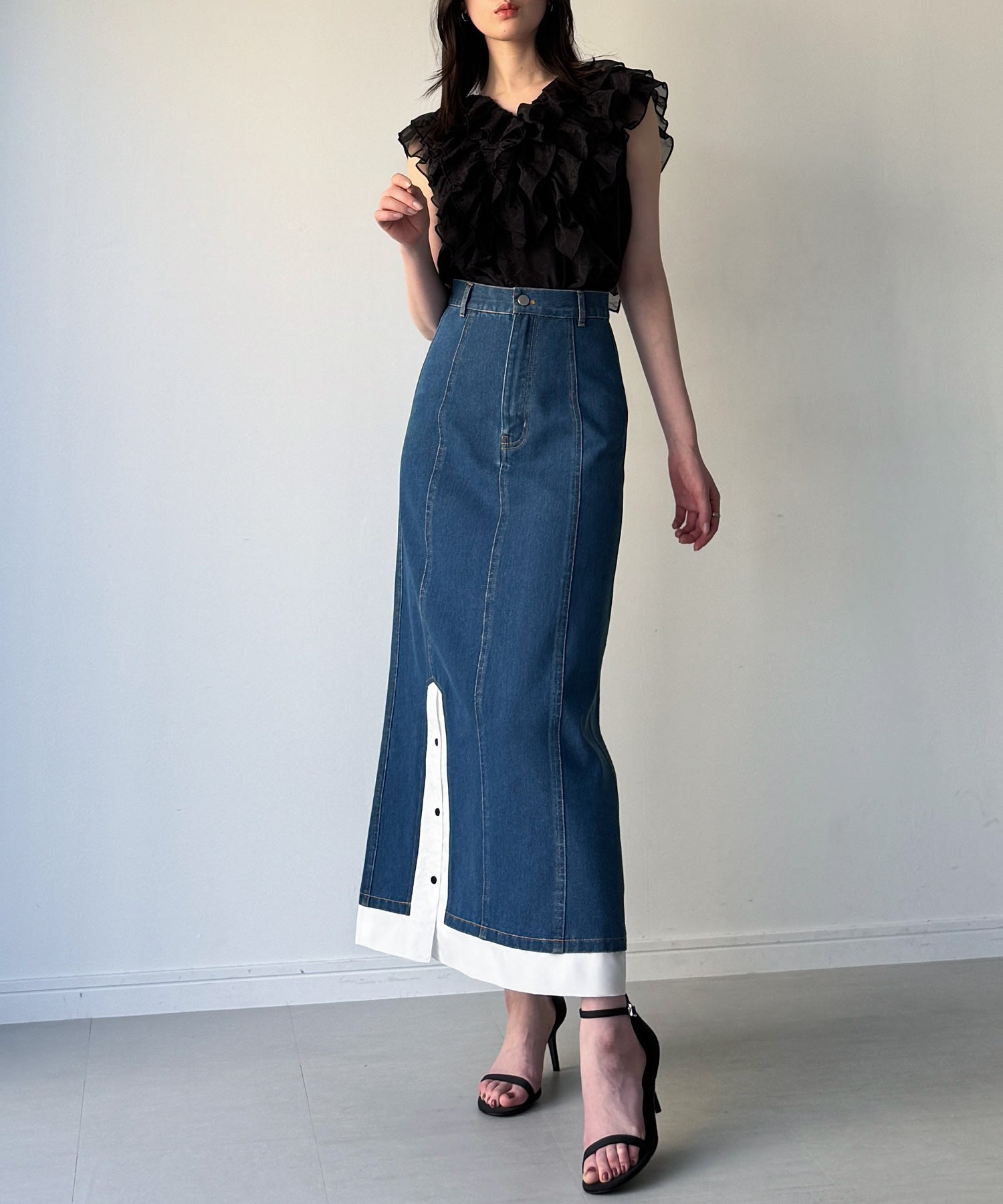 ジュノア JUNOAH 異素材ドッキングデニムスカート （ブルー） ブルー