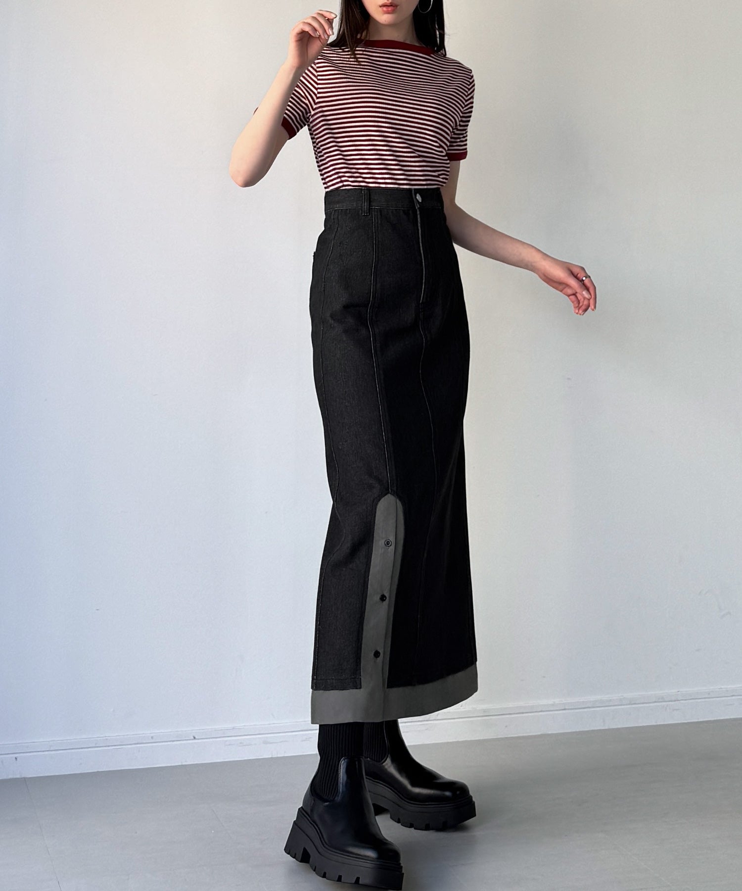 ジュノア JUNOAH 異素材ドッキングデニムスカート （ブラック） ブラック