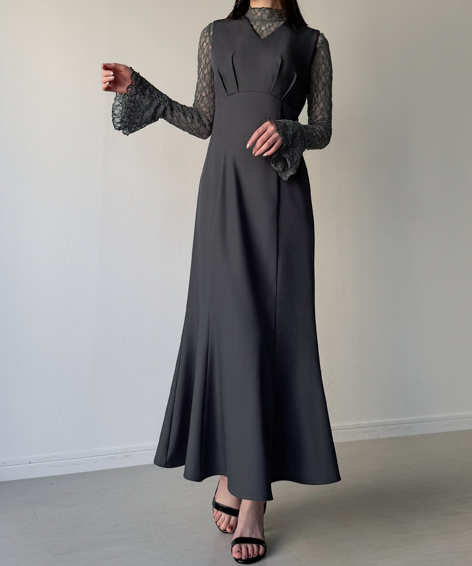 ジュノア JUNOAH （裏地無し）マーメイドワンピースレーストップスセット （チャコール） チャコール