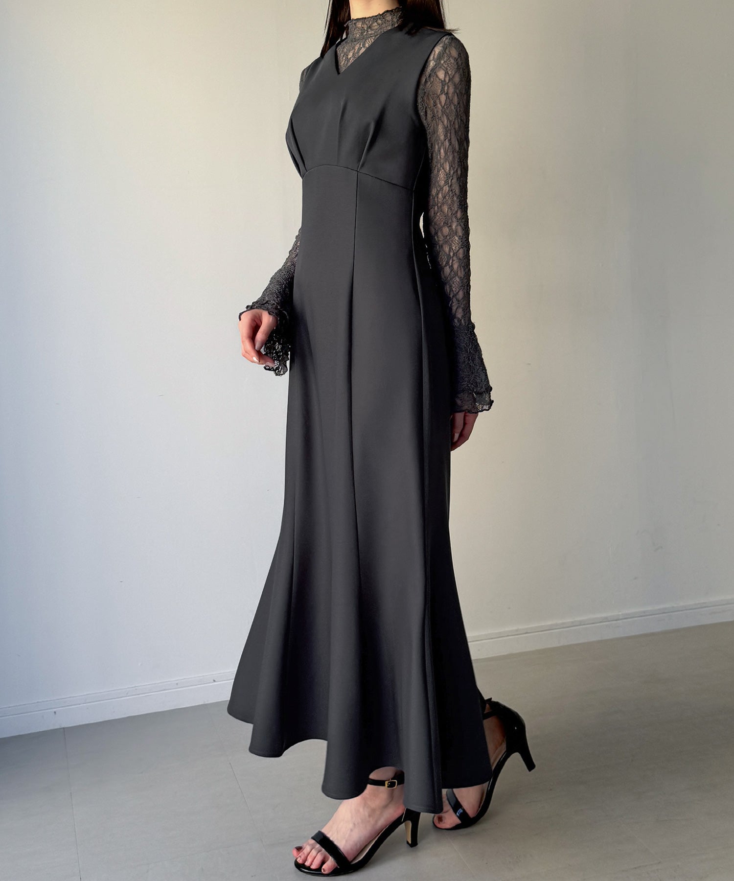 ジュノア JUNOAH （裏地無し）マーメイドワンピースレーストップスセット （チャコール） チャコール