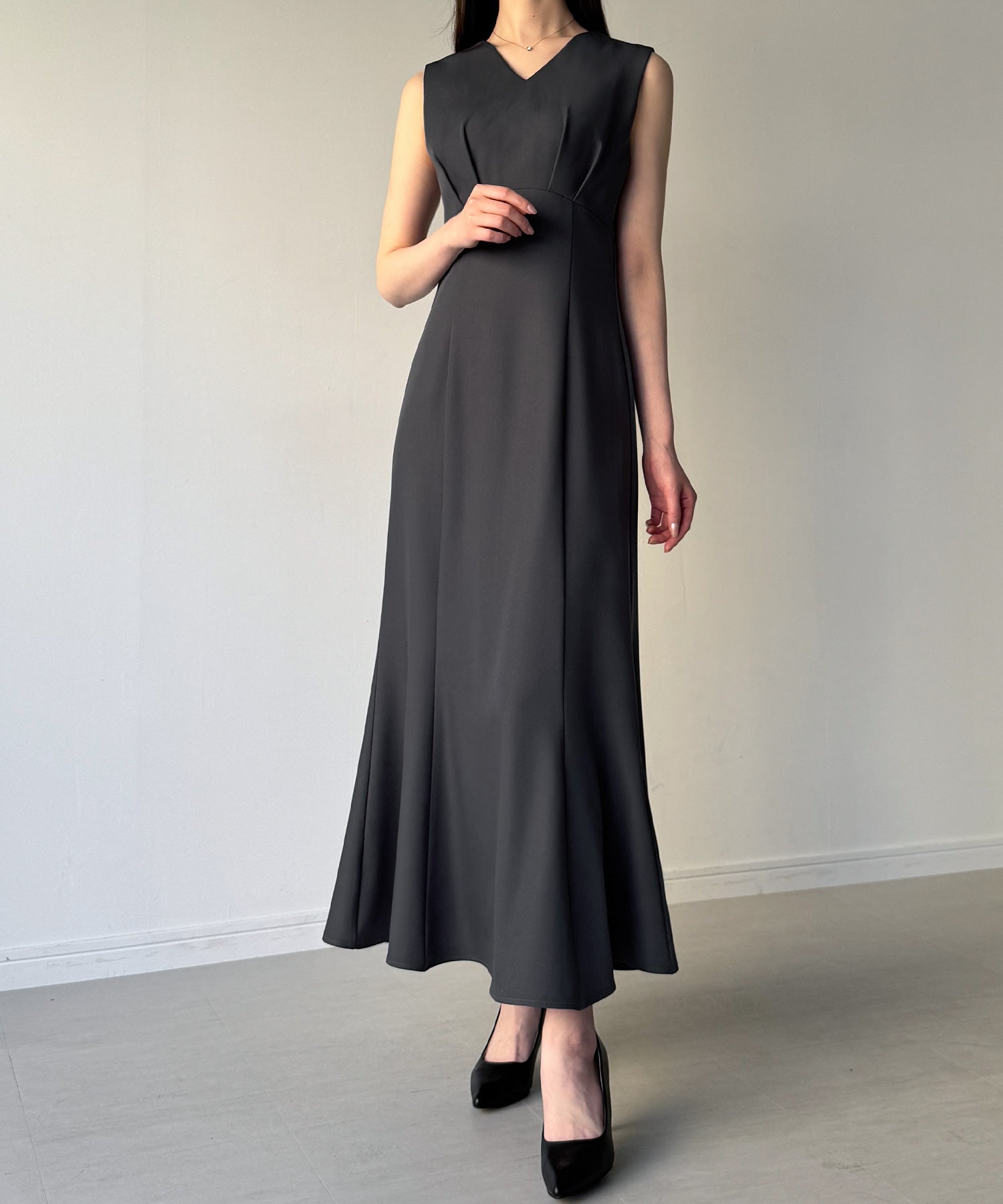 ジュノア JUNOAH （裏地無し）マーメイドワンピースレーストップスセット （チャコール） チャコール