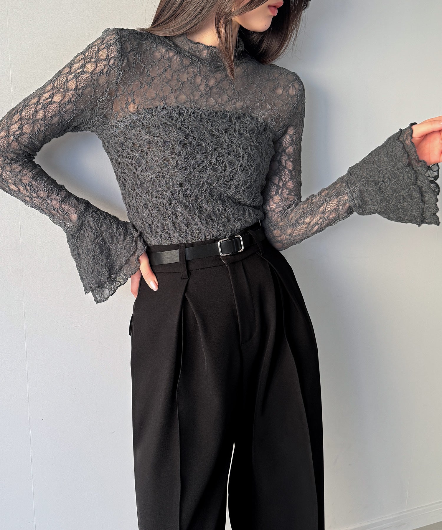 ジュノア JUNOAH （裏地無し）マーメイドワンピースレーストップスセット （チャコール） チャコール