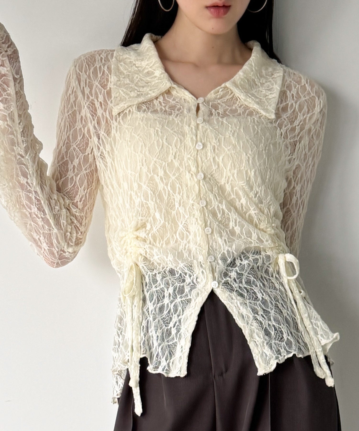 ジュノア JUNOAH カットレースポロ衿カーディガン （アイボリー） アイボリー