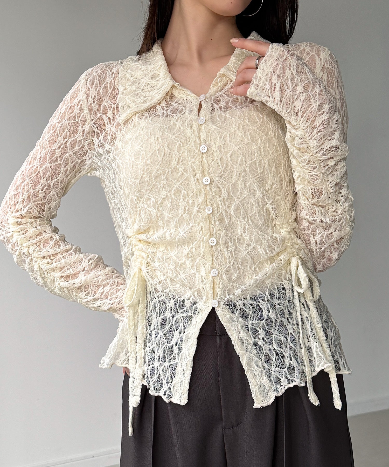 ジュノア JUNOAH カットレースポロ衿カーディガン （アイボリー） アイボリー