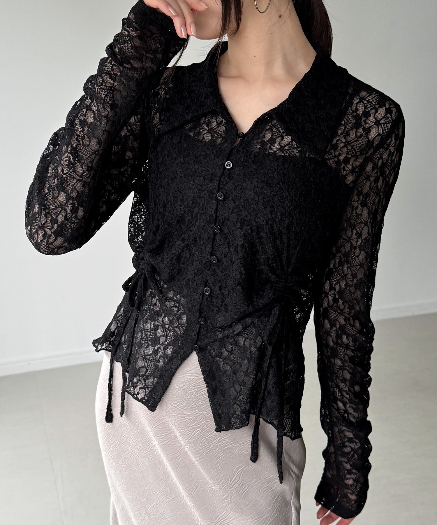 ジュノア JUNOAH カットレースポロ衿カーディガン （ブラック） ブラック